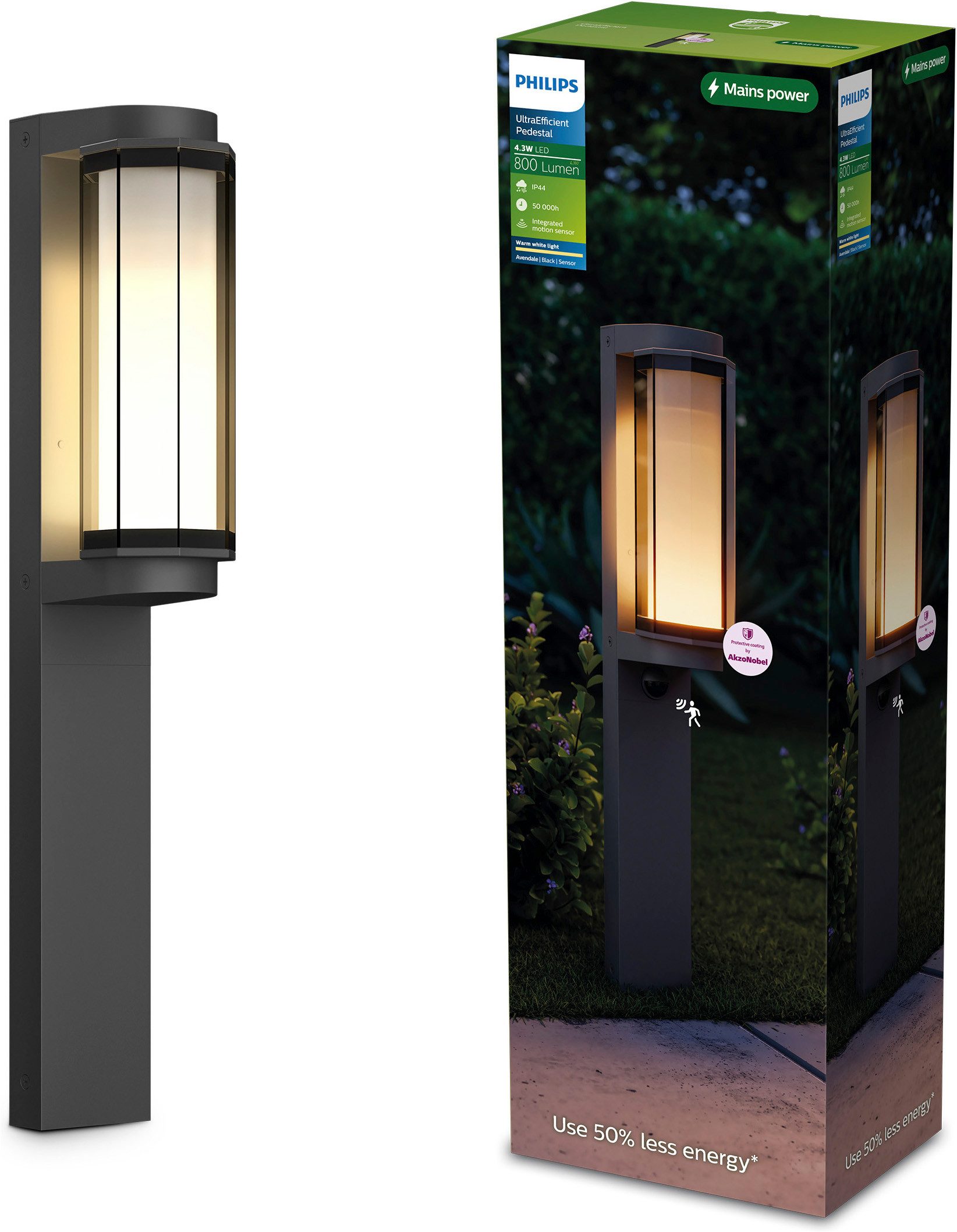 Philips Außen-Stehlampe Avendale ultraeffiziente LED Sockelleuchte, schwarz, LED fest integriert, Warmweiß, 800 lm, 2700 K Warmweiß, IP44, PowerShield-Beschichtung