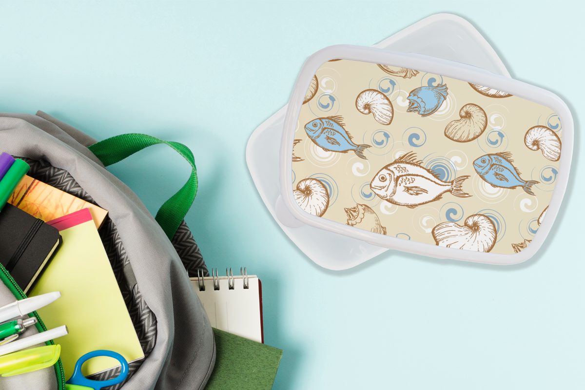 Pastell für (2-tlg), Mädchen Kinder - Kunststoff, - Vintage, Lunchbox Brotbox Jungs - Brotdose, und und MuchoWow Fisch - Design Erwachsene, Muscheln für weiß