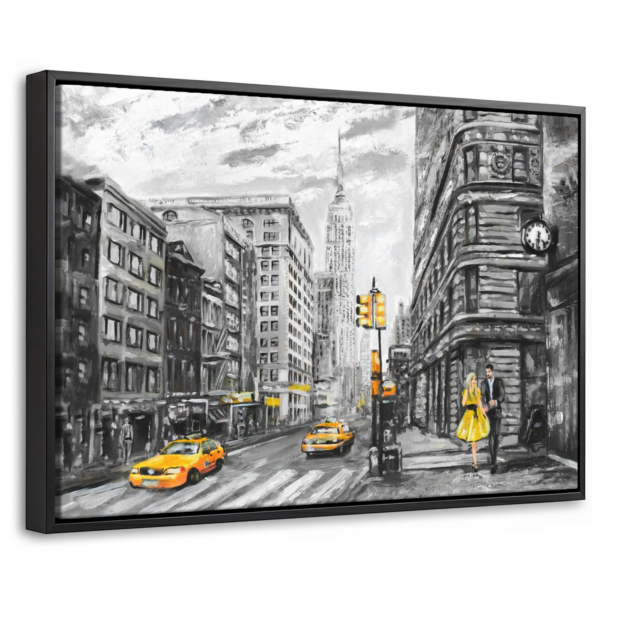 OneMillionCanvasses® Leinwandbild mit Rahmen - Malerei - Stadt - Auto - Gelb, Fotodruck (1 St), Bilder, Zimmer Wand Bild Dekoration 30x20cm