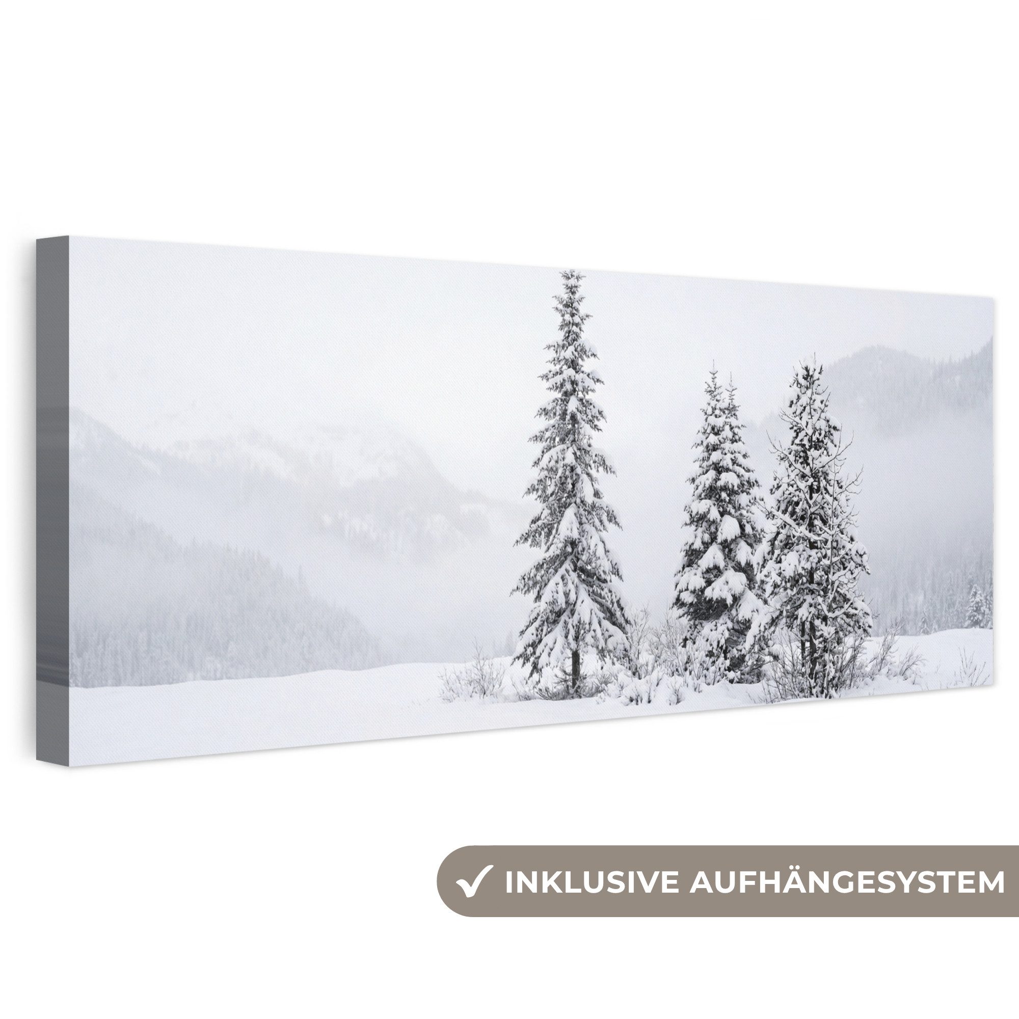OneMillionCanvasses® Leinwandbild Panorama Fichte - Schnee - Winter - Landschaft - Stille, Fotodruck (1 St), Wandbild, Deko Schlafzimmer Wohnzimmer Flur 60x20 cm