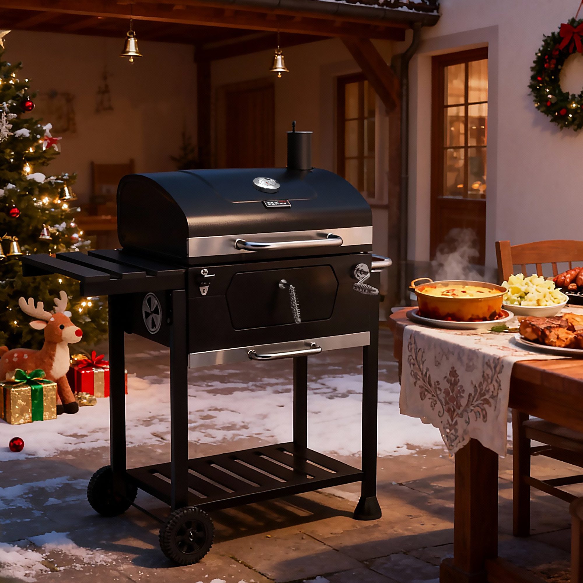 Royal Gourmet Holzkohlegrill Barbecue Grillwagen Smoker Campinggrill Outdoor Kohlegrill Gartengrill, 100 x 64,5 x 104,5 cm