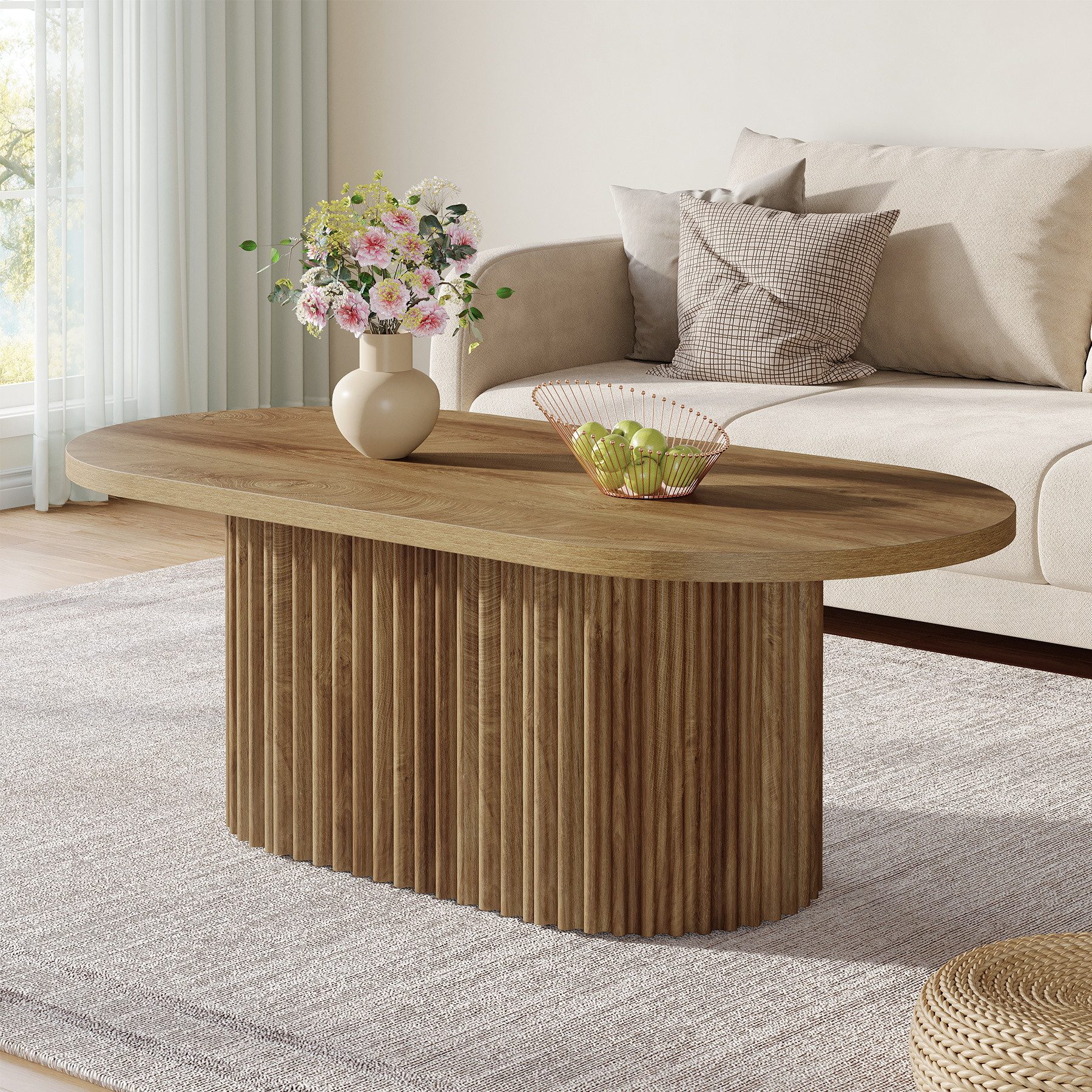 Tribesigns Couchtisch Ovaler Couchtisch, 120 cm langer Holztisch mit geriffeltem Design
