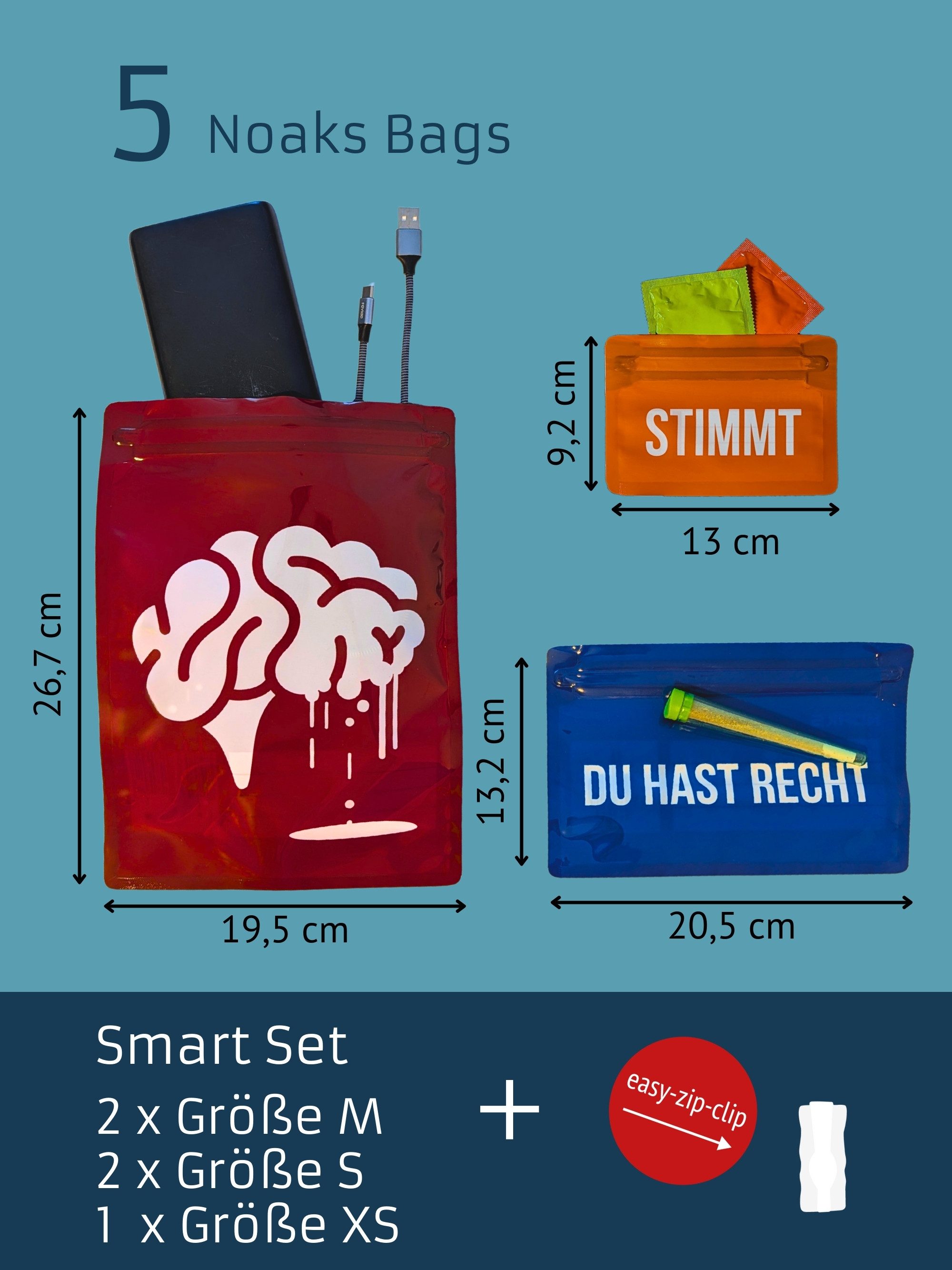 Noaks Drybag Noaks Bag, geruchsdichte & wasserdichte (IPX8) Zip Beutel, (Smart Set, 5-tlg), Rucksack Organizer mit Beschriftungsfeld