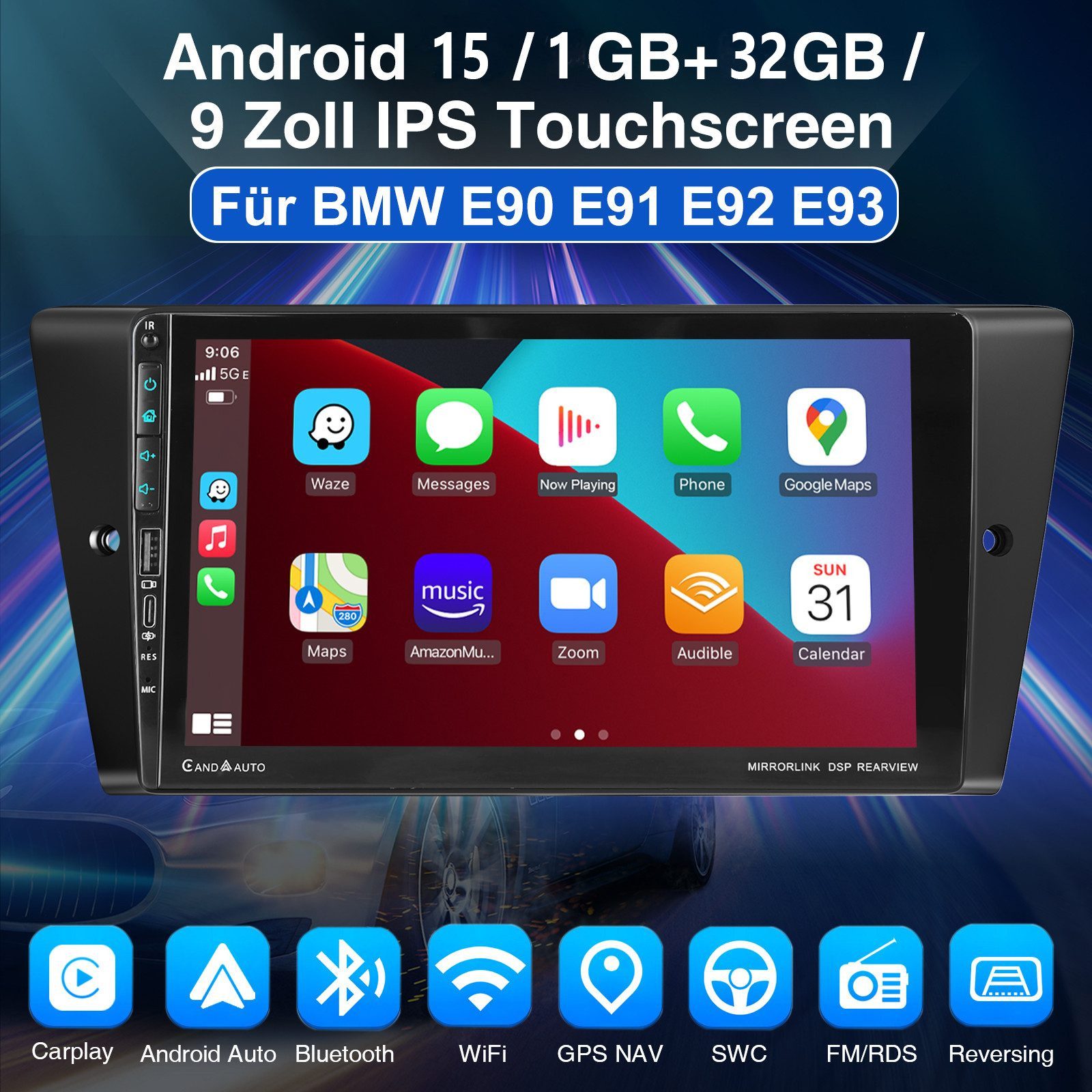 ESSGOO Für BMW 3ER E90 E91 E92 E93 Carplay RDS Android 15 Autoradio GPS Navi Autoradio (DAB (optional), DAB+ (optional), 4+64GB(optional), RDS, AM, FM, Carplay Android Auto Bluetooth EQ USB GPS Navi WIFI Touchscreen)