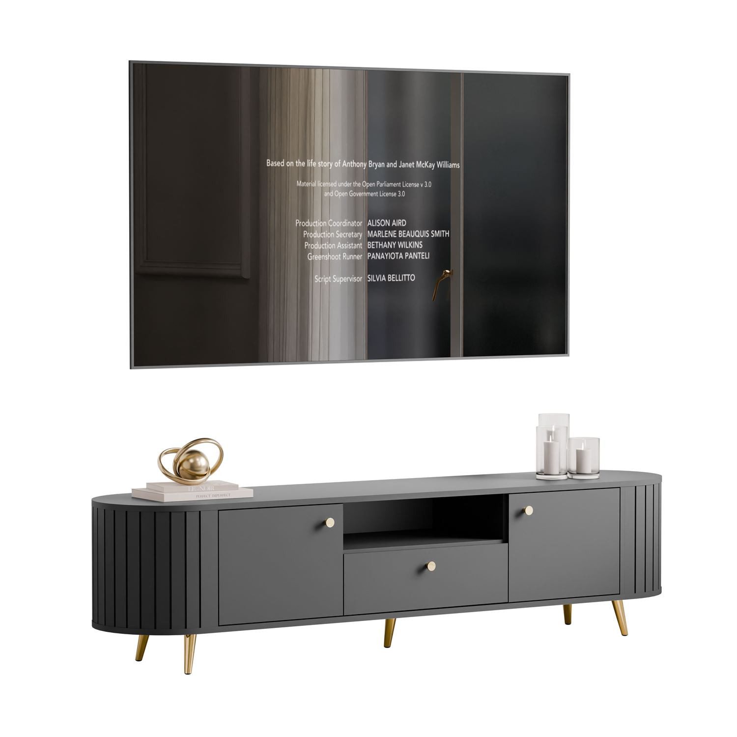 yourhouse24 TV-Schrank LINNEA 180cm 2D1S Runde Ecken Lamellen Kaschmir/Schwarz