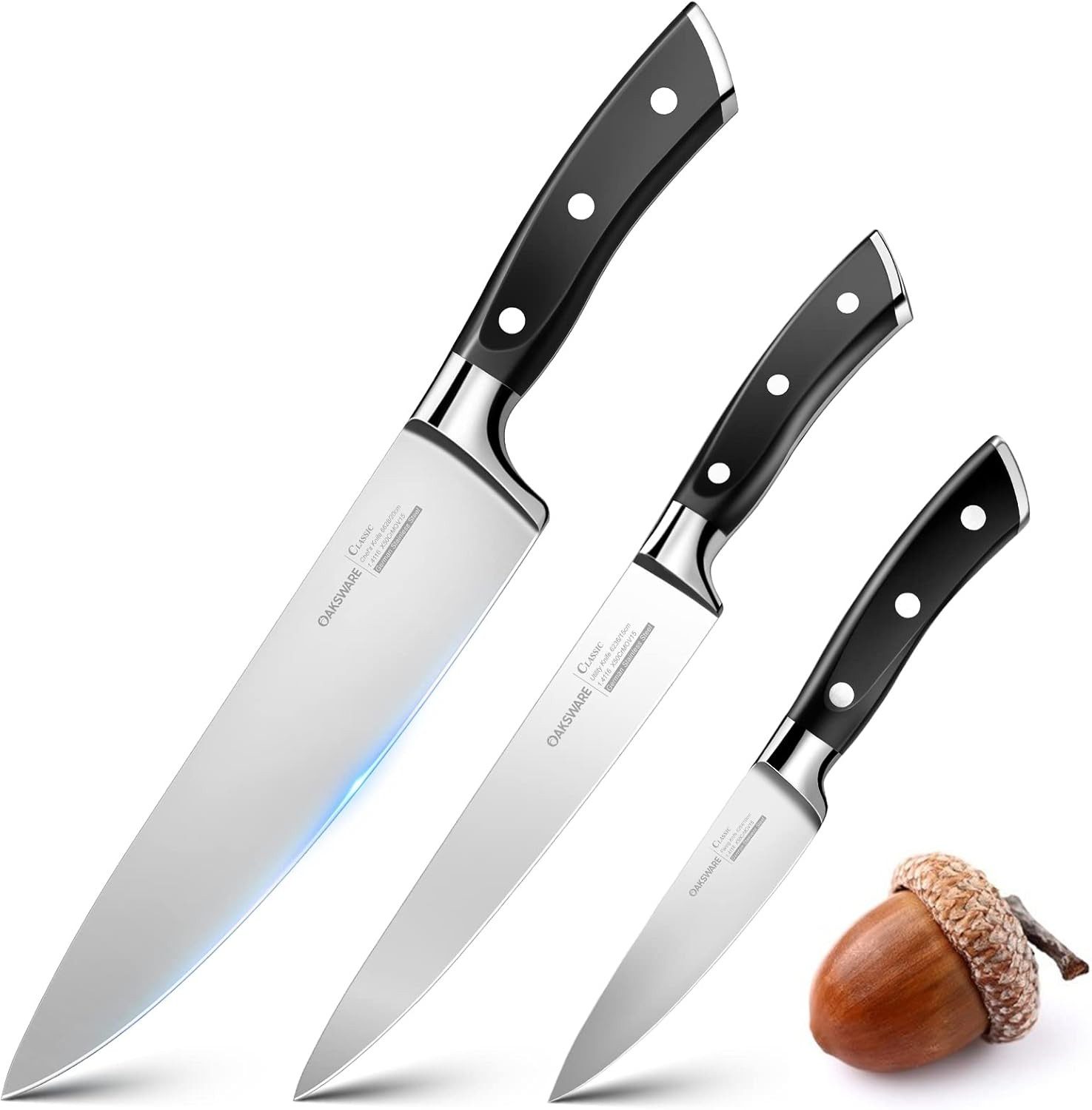 OAKSWARE Messer-Set Messerset 3-tlg mit Kochmesser, Allzweckmesser, Gemüsemesser (Set, 3-tlg), ergonomischer Griff, einfache Pflege