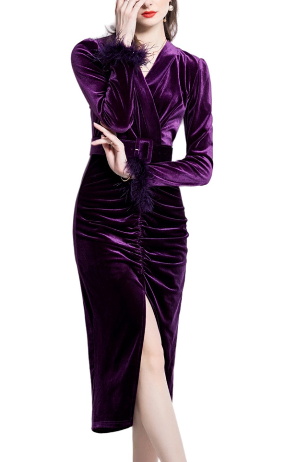 Orient Phoenix Abendkleid Damen Plüschrock, der die Hüfte umschließt, plissiertes Abendkleid Sommer Lange Ärmel mit geschlitztem V-Ausschnitt sexy Schlitzkleid
