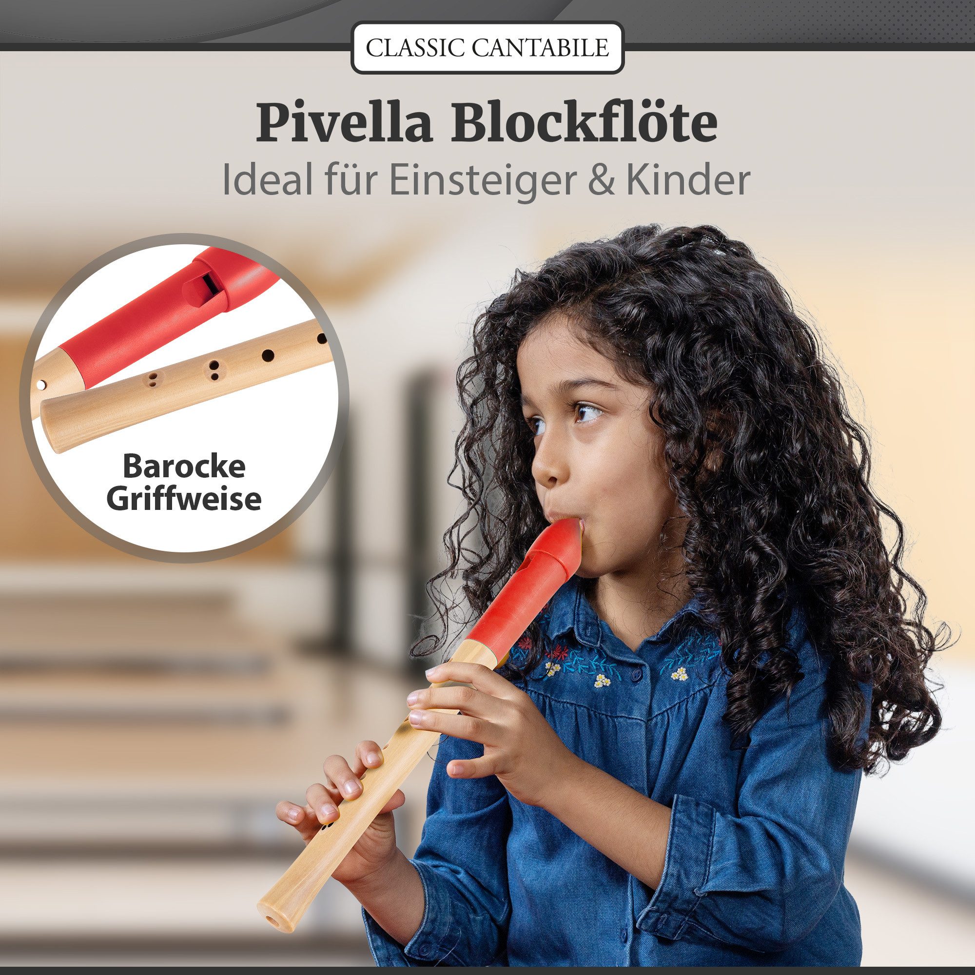 Classic Cantabile Blockflöte Pivella C-Sopran Blockflöte - Aus Ahornholz mit Kopf aus Kunststoff Sopran barock