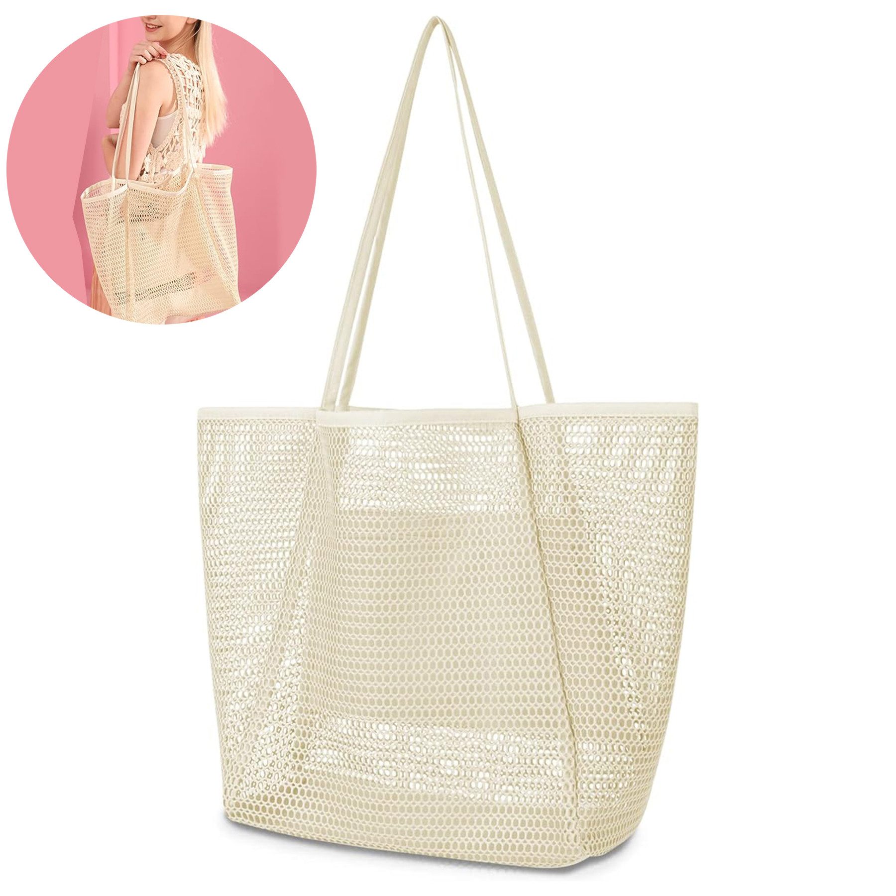 Mutig Strandtasche Strandtasche Groß, Mesh mit Reißverschluss Shopper Damen Badetasche (Handtasche mit Reißverschluss Wasserdicht Sanddicht, Damen 15L, Faltbar für Damen, Strand, Pool, Urlaub, Fitnessstudio & Familie)