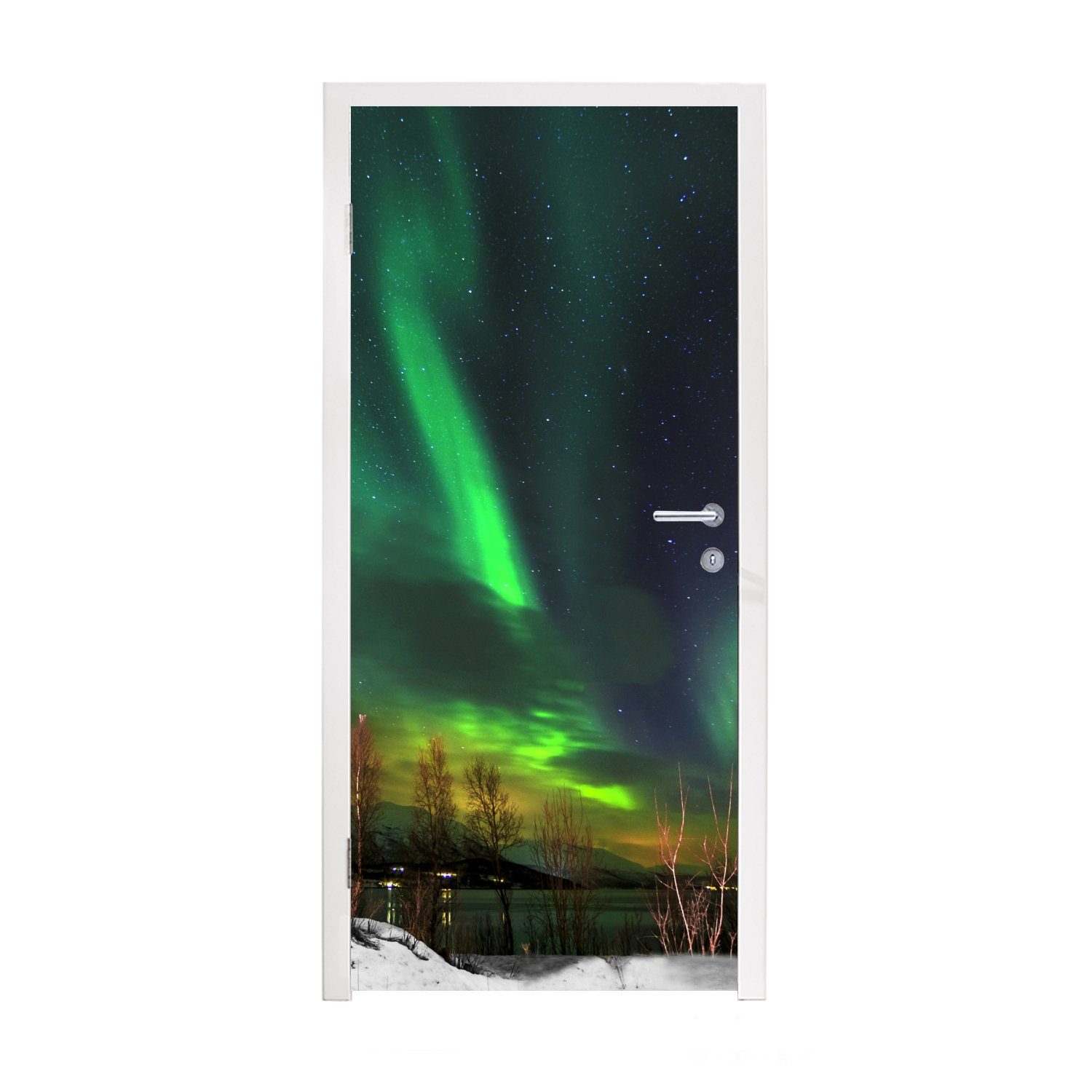 MuchoWow Türtapete Nordlichter - Leuchtturm - Norwegen, Matt, bedruckt, (1 St), Fototapete für Tür, Türaufkleber, 75x205 cm