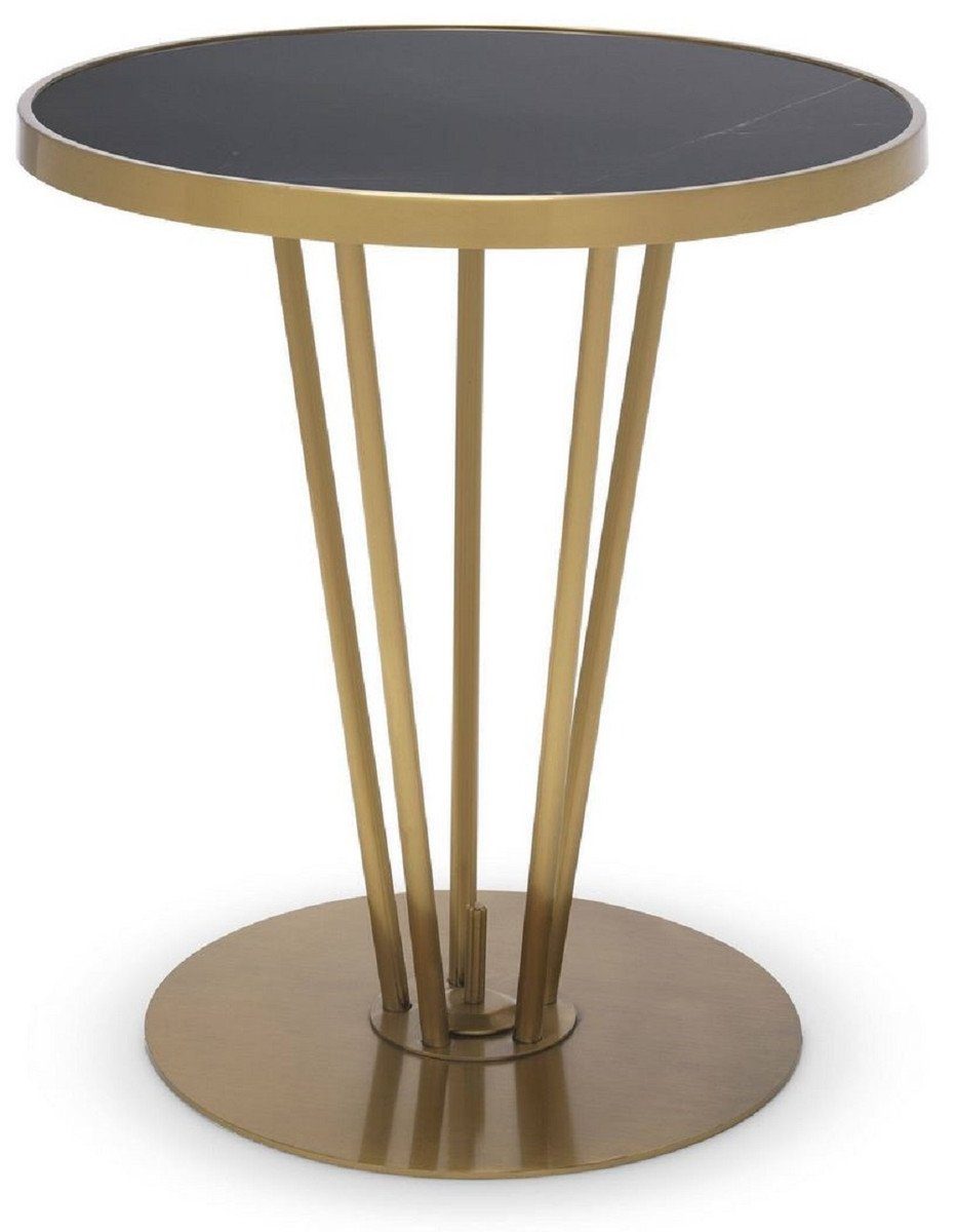 Casa Padrino Beistelltisch Luxus Beistelltisch Messingfarben / Schwarz Ø 49,5 x H. 54 cm - Runder Edelstahl Tisch mit geschliffener Marmorplatte - Möbel - Luxus Möbel