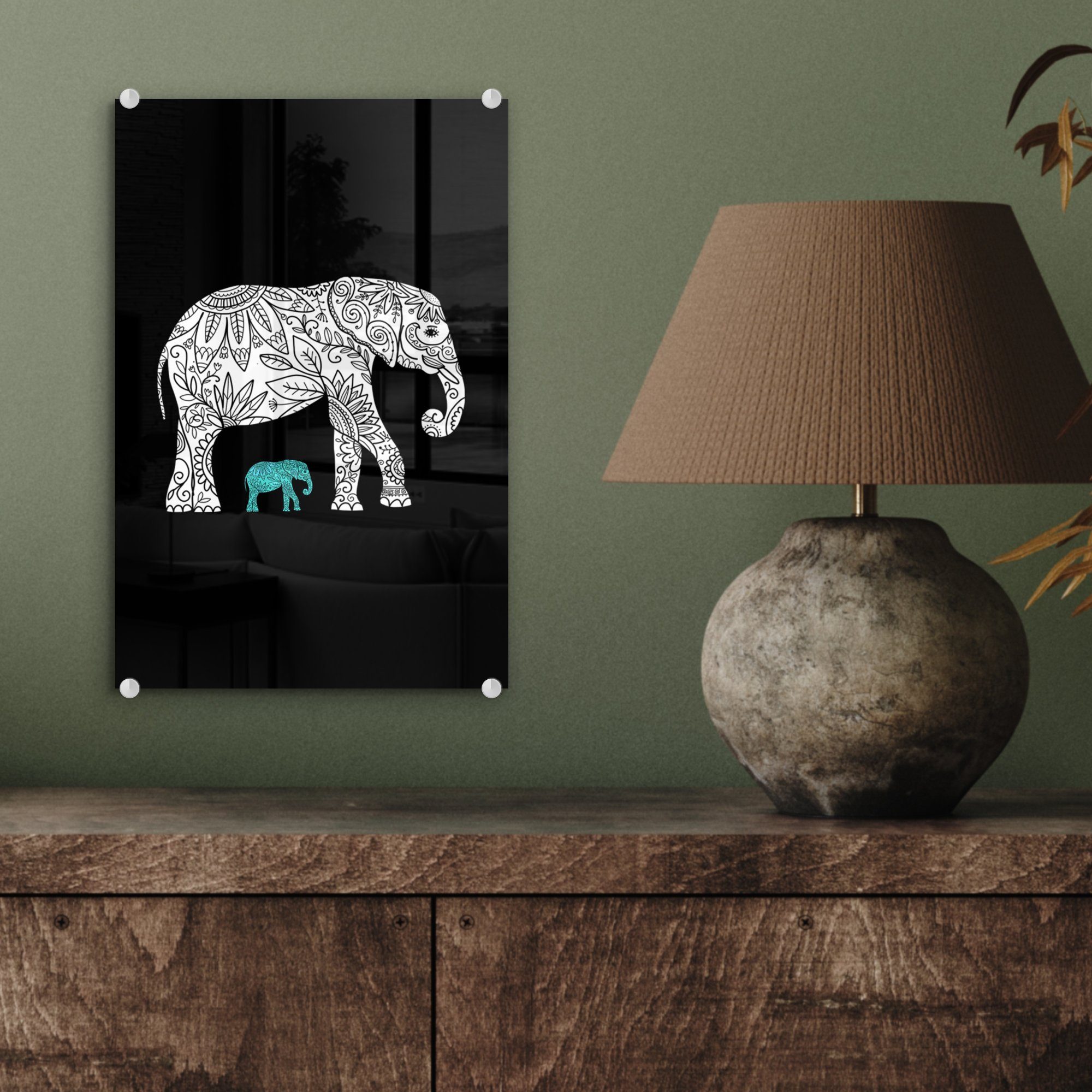 - Wanddekoration - Glasbilder Bilder Acrylglasbild - St), MuchoWow - Schwarz, auf Muster Wandbild Elefant Glas Foto - (1 Glas auf
