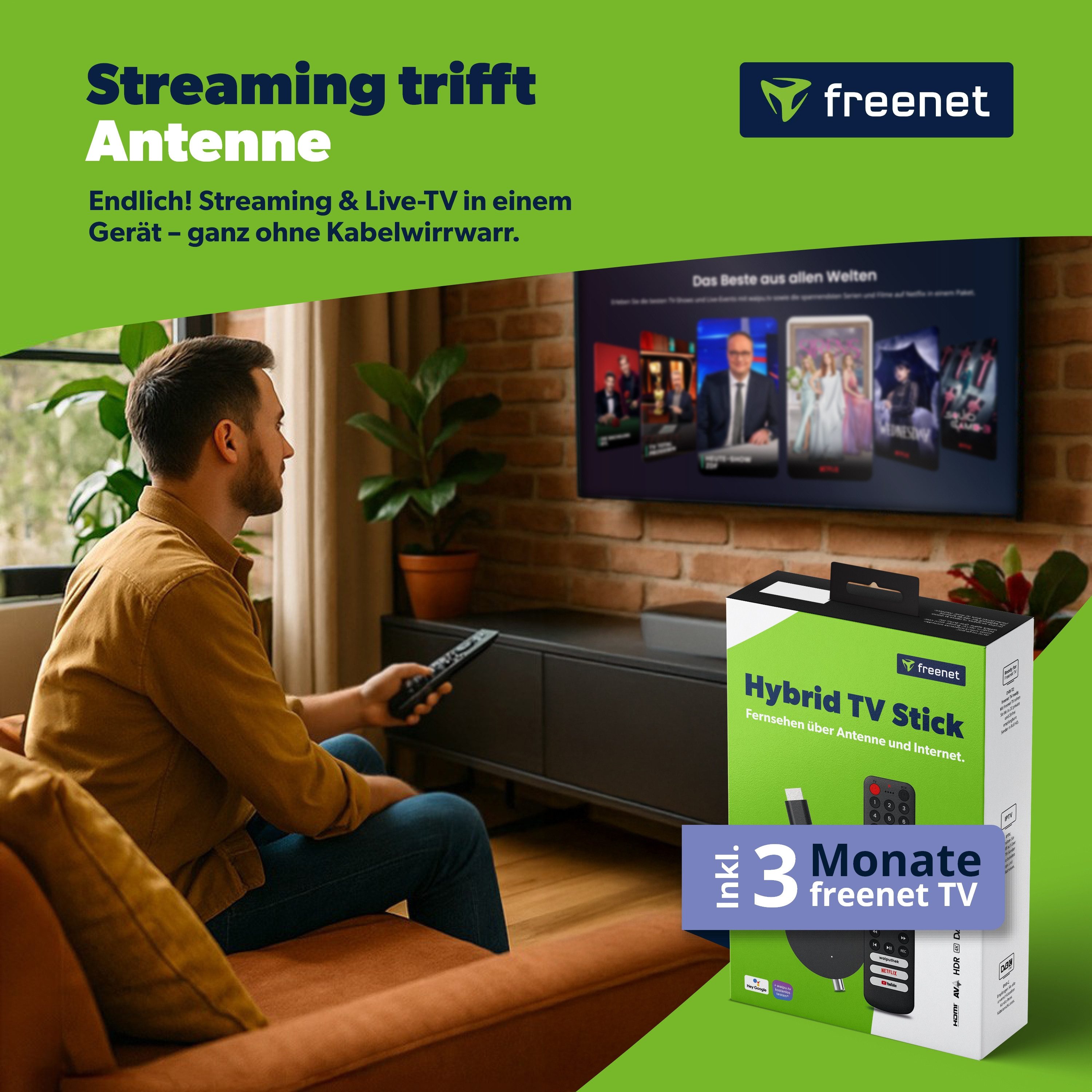 freenet TV Streaming-Stick Hybrid 3in1, DVB-C/T2 und Android TV, Inkl. 3 Monate freenet TV, 4K UHD, Chromecast