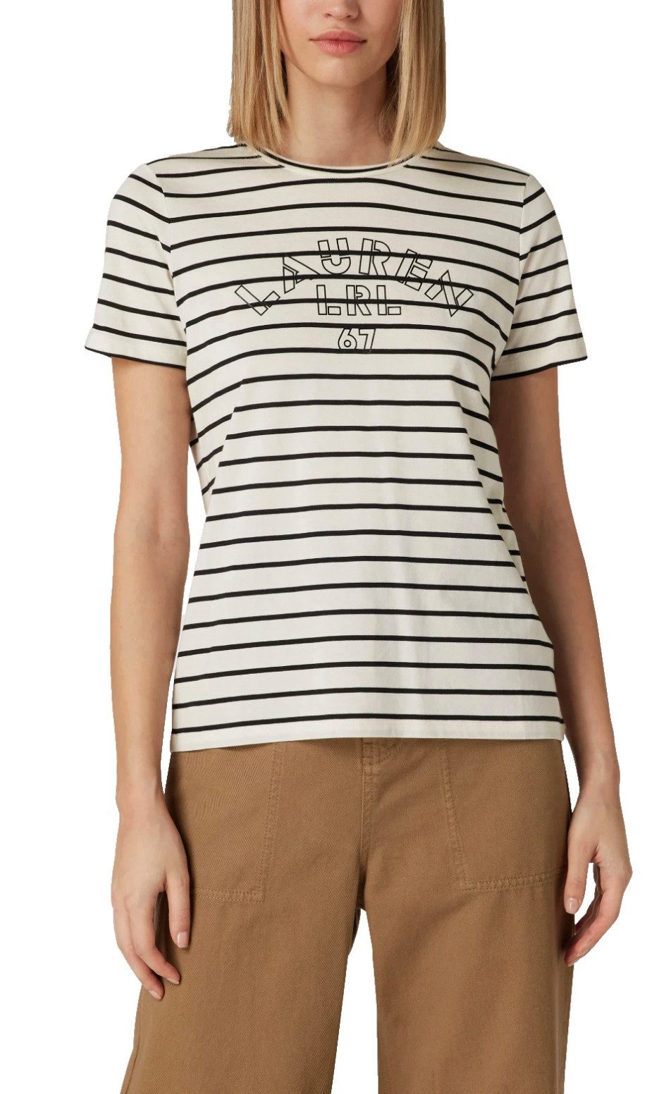 Ralph Lauren T-Shirt Lauren Logo Label Print Gestreift, Offwhite/Schwarz ein klares Statement-Piece für jeden Tag
