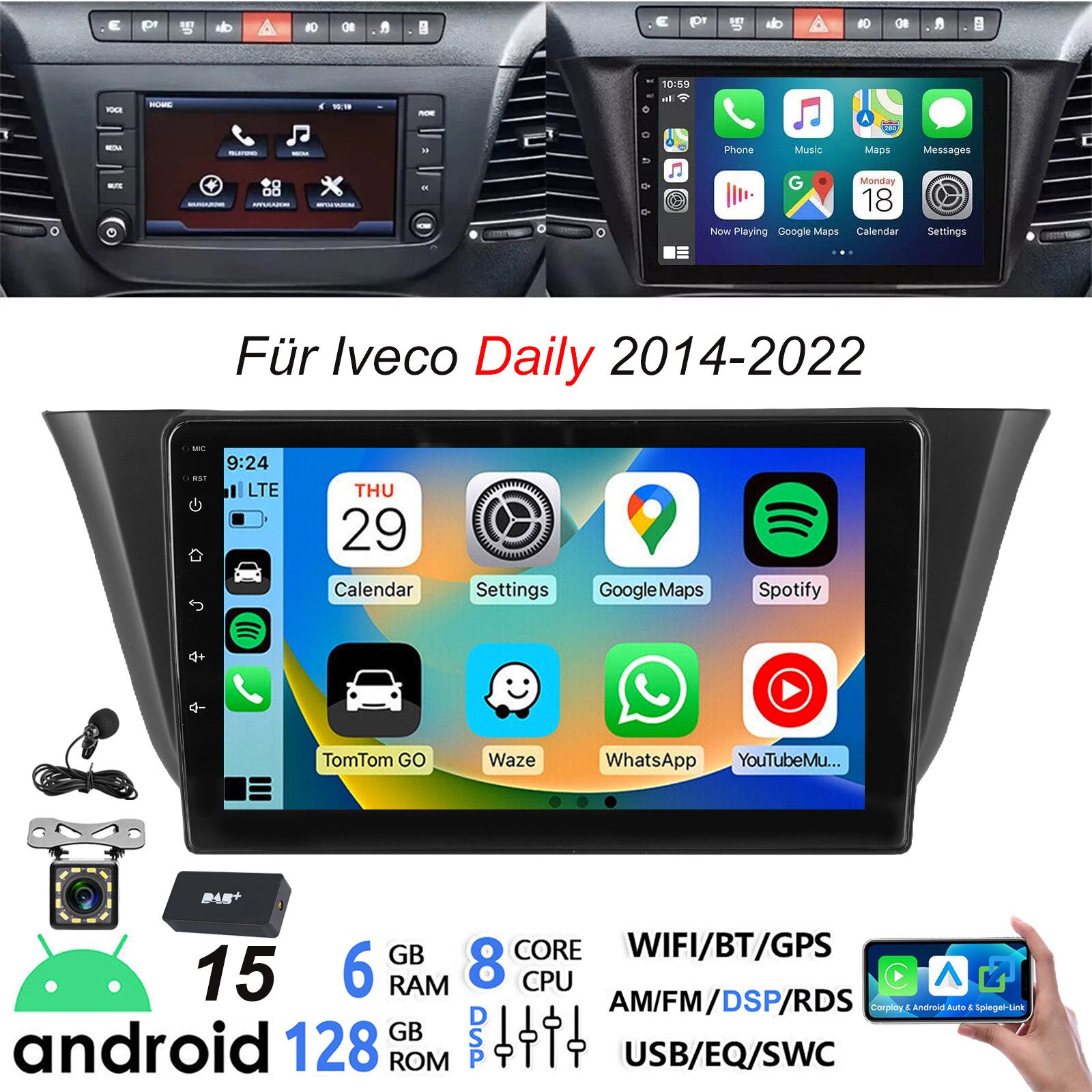 ESSGOO Autoradio 6+128G CarPlay Für Iveco Daily 2014-2021 Android 15 GPS Navi Autoradio (RDS, 4G LTE, DAB (optional), FM, AM, DAB+ (optional), SWC, Apple Carplay Android Auto GPS Navi WIFI BT EQ)