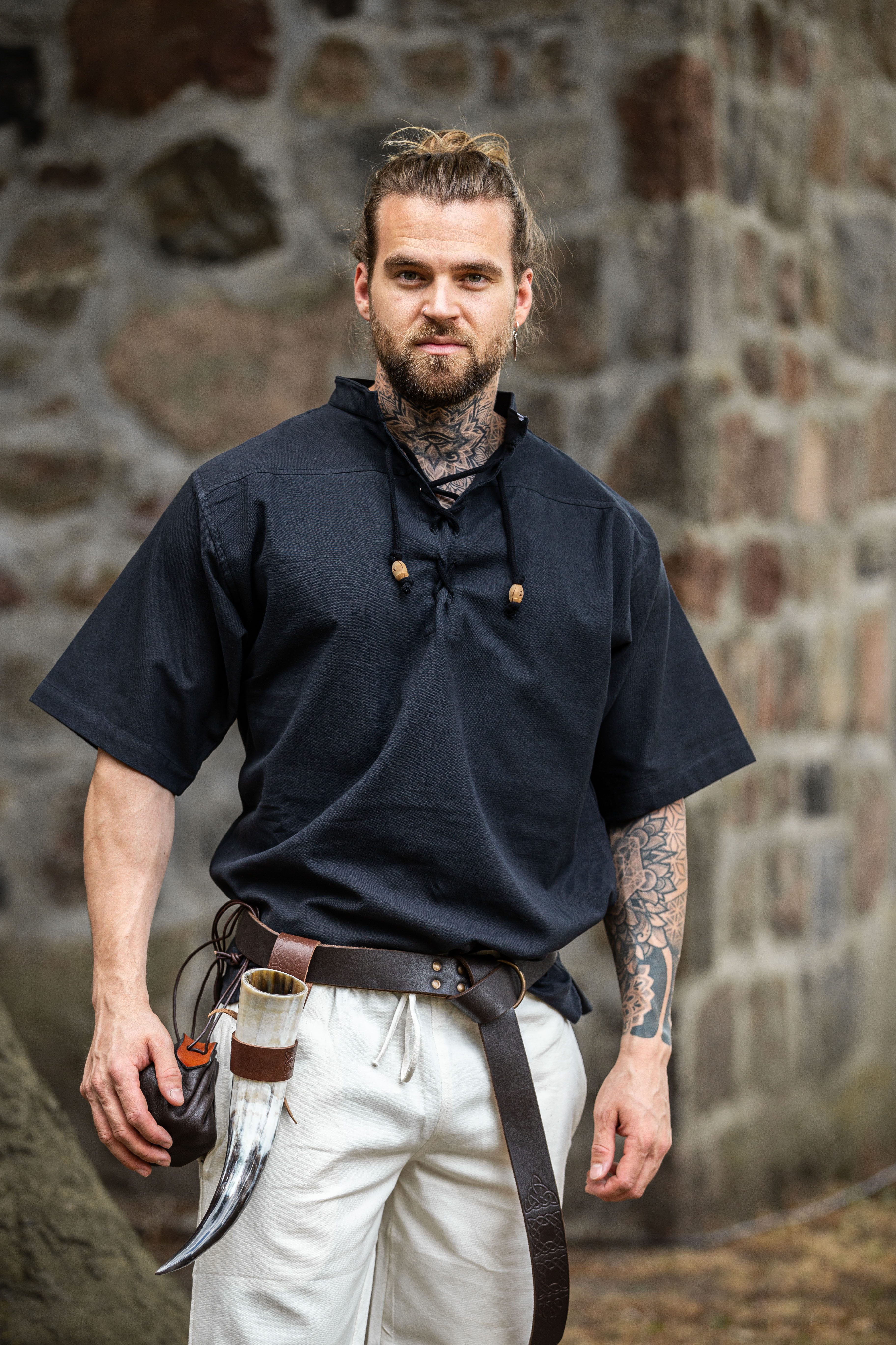 Leonardo Carbone Wikinger-Kostüm Mittelalter-Kurzarmhemd Schwarz "Eric"