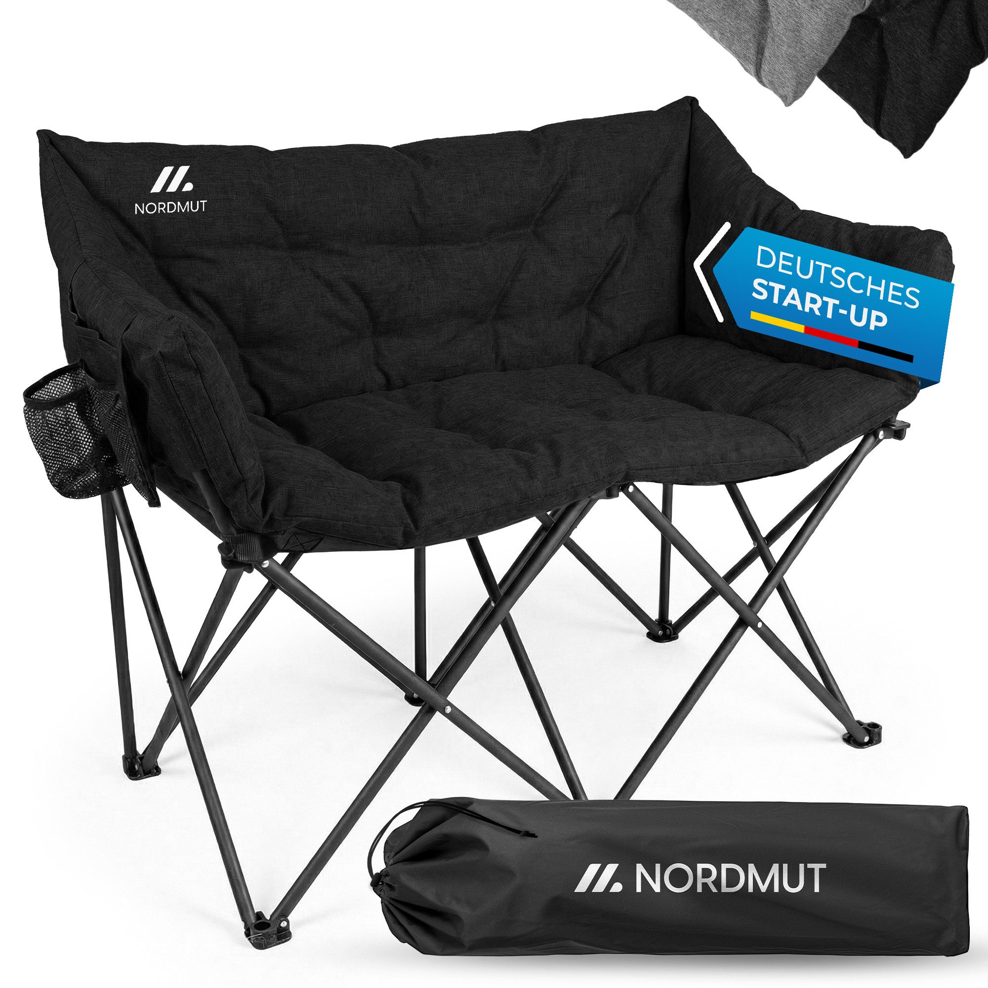 Nordmut Campingstuhl Campingsofa Klappbar 2 Personen 360 kg gepolstert mit Tragetasche (bis 360 kg belastbar mit Stahl Aluminium Rahmen), wetterfest klappbar mit Tragetasche & Seitentaschen
