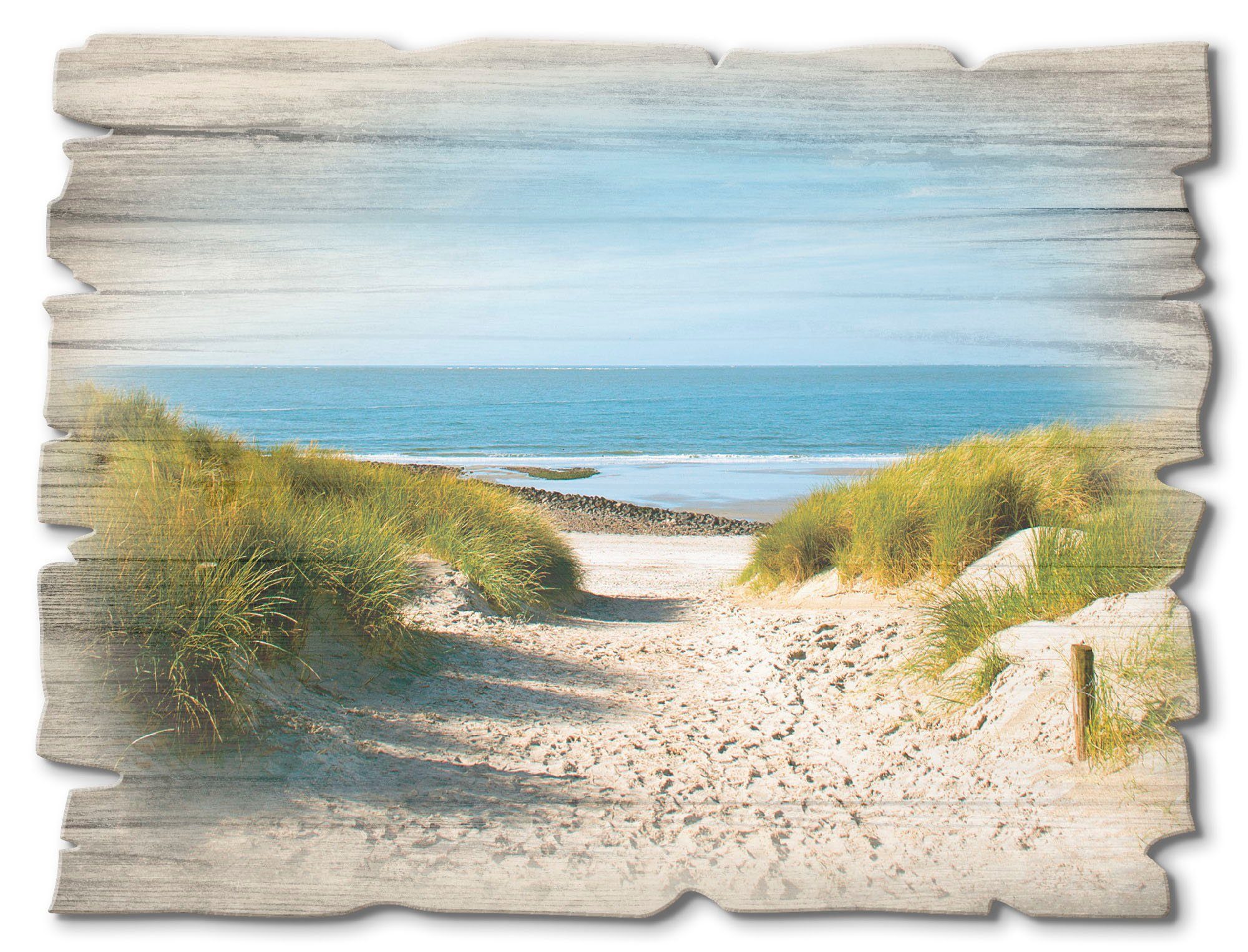 Artland Holzbild Strand mit Sanddünen und Weg zur See, Strand (1 St)