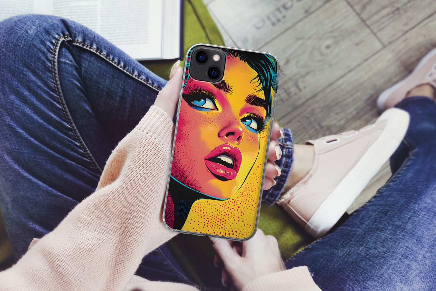 MuchoWow Handyhülle für Apple iPhone 13 mini Nahaufnahme - Frauengesicht - Tupfen - Gelb, Smartphone-Bumper, Print, Handy Schutzhülle Dünn