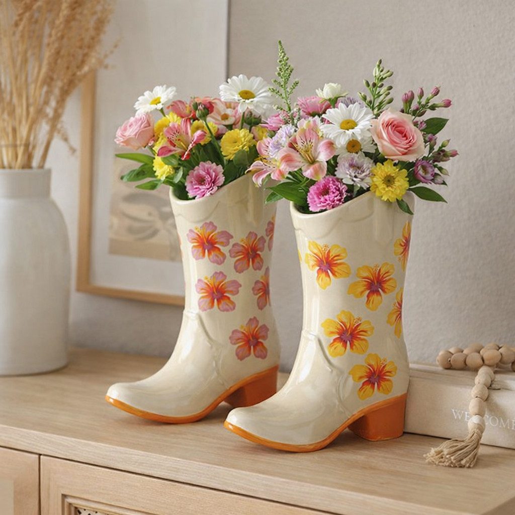 BOLTZE GRUPPE GmbH Dekovase Keramikvasen Set BloomBoots 2er Hibiskus Motiv Cremeweiß Stiefelform (2 St)