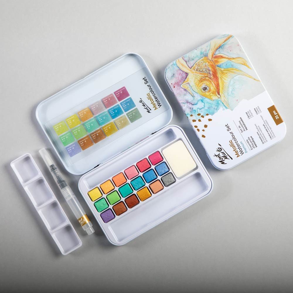 Mont Marte Aquarellfarbe Set 18 Metallic Farben – Extrem schimmernd auf hellem & dunklem Papier, Faszinierender Metallic-Glanz für Kunstwerke mit Tiefe und Ausdruck