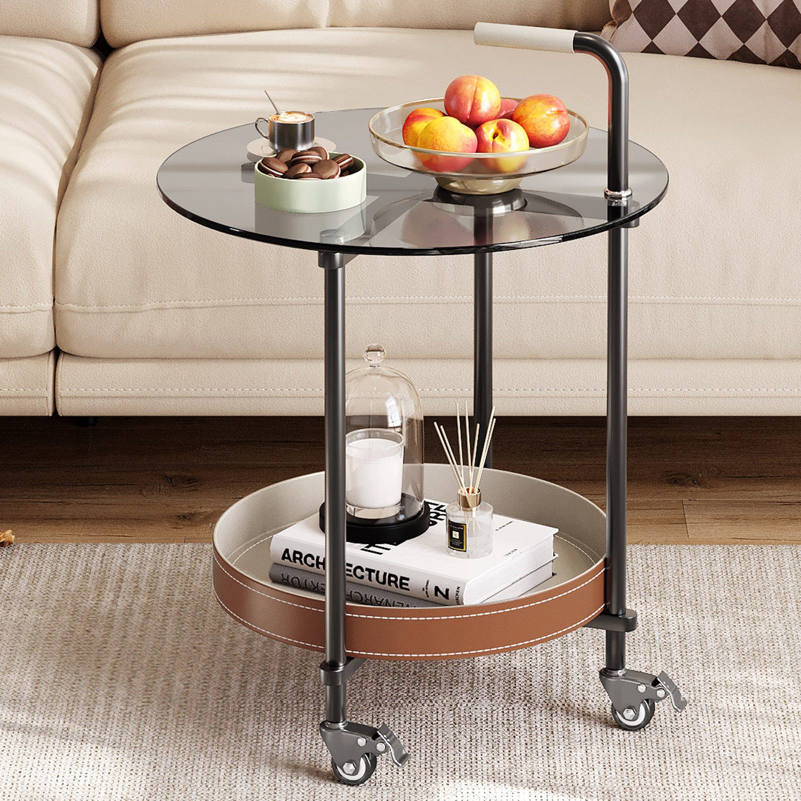 Guyii Beistelltisch mit Rollen, runder mobiler Sofa- & Couchtisch mit Ablage (1-St)