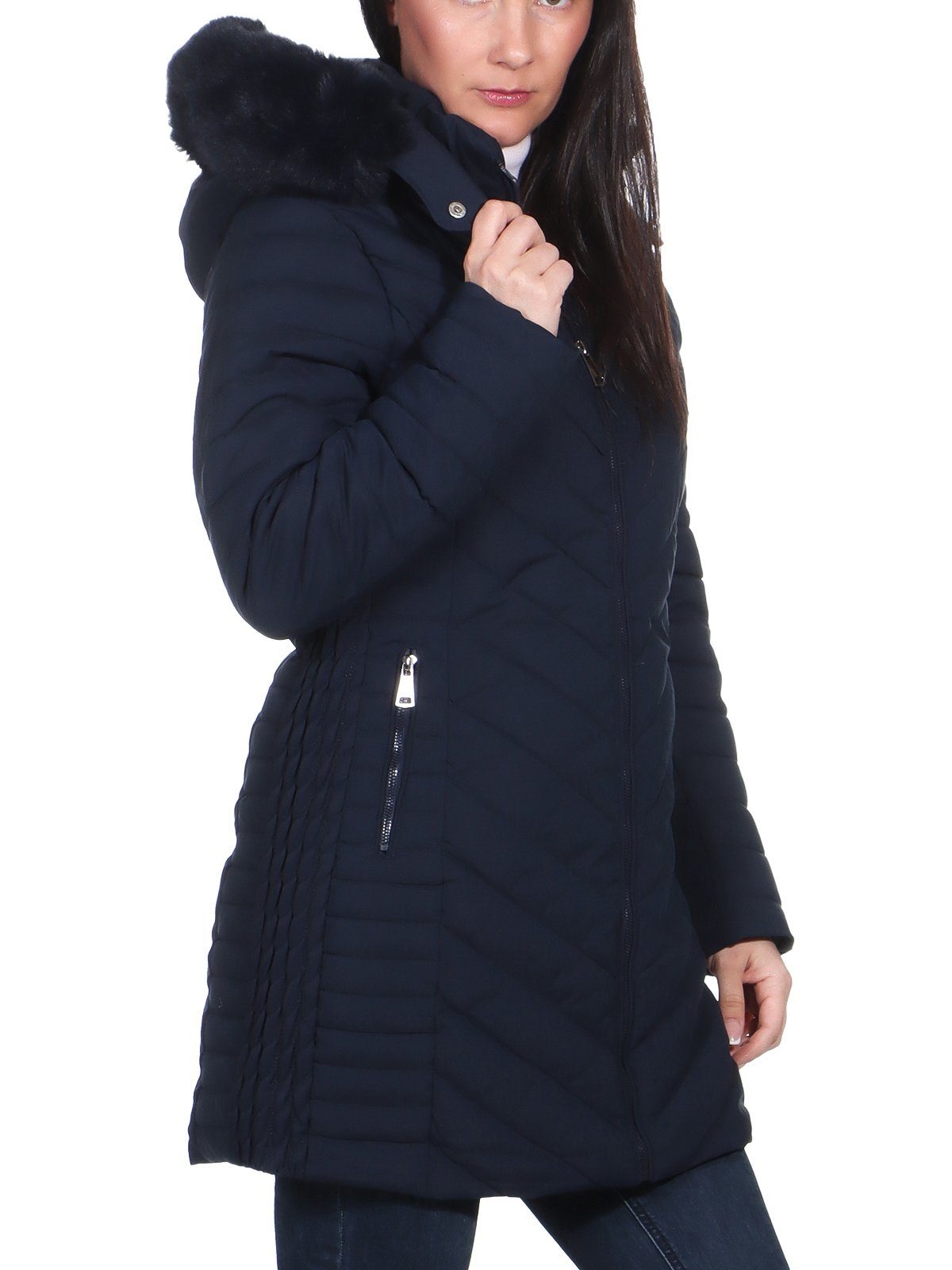 Aurela Damenmode Langjacke Marine Damen mit Outdoorjacke Teddyfell Kapuze mit warme mit Teddyfell Steppjacke