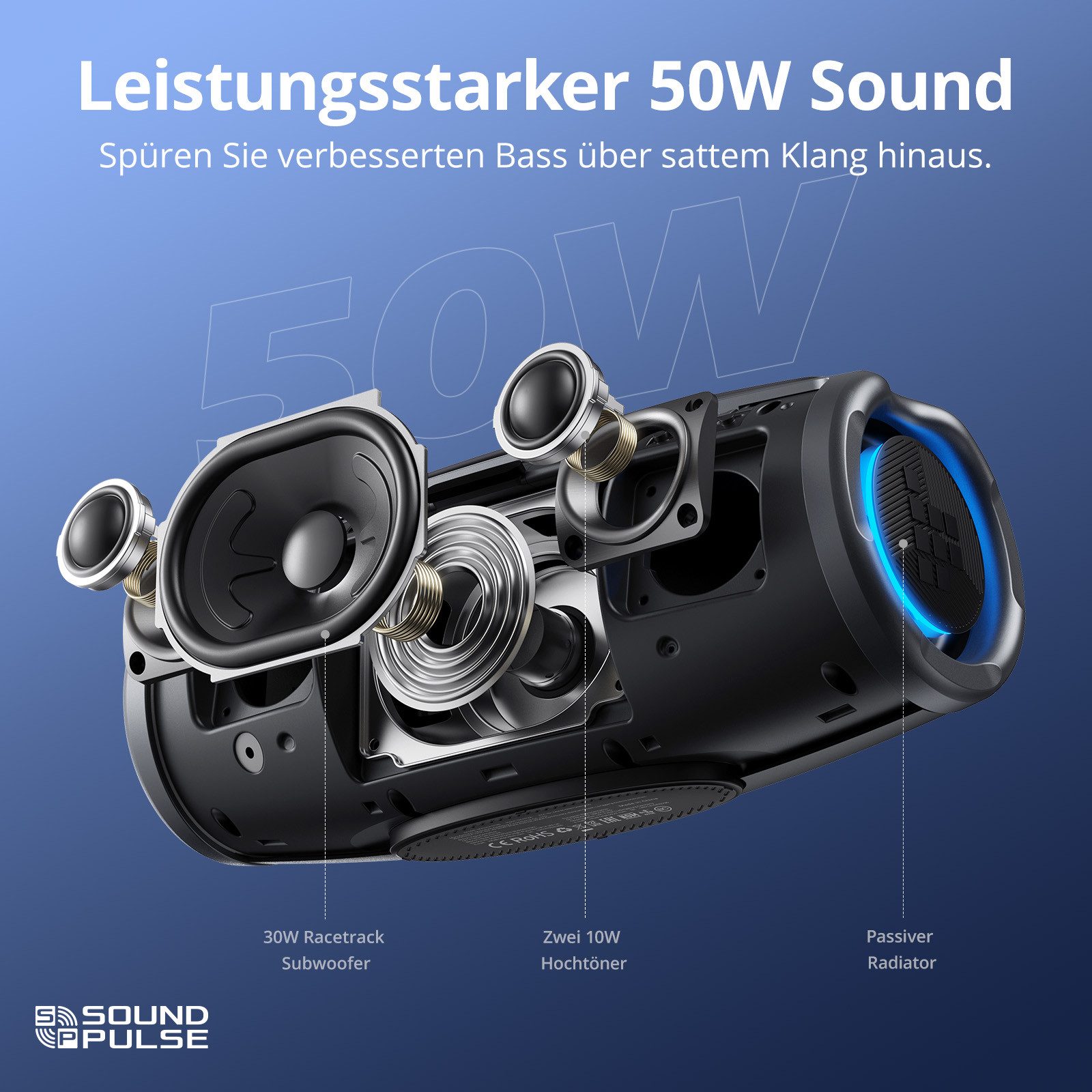 Tronsmart Tragbarer Außenlautsprecher Mirtune S100, anpassbarer EQ, 50 W Bluetooth-Lautsprecher (50 W, 20 Stunden Spielzeit, IPX7 wasserdicht, einziehbarer Griff)