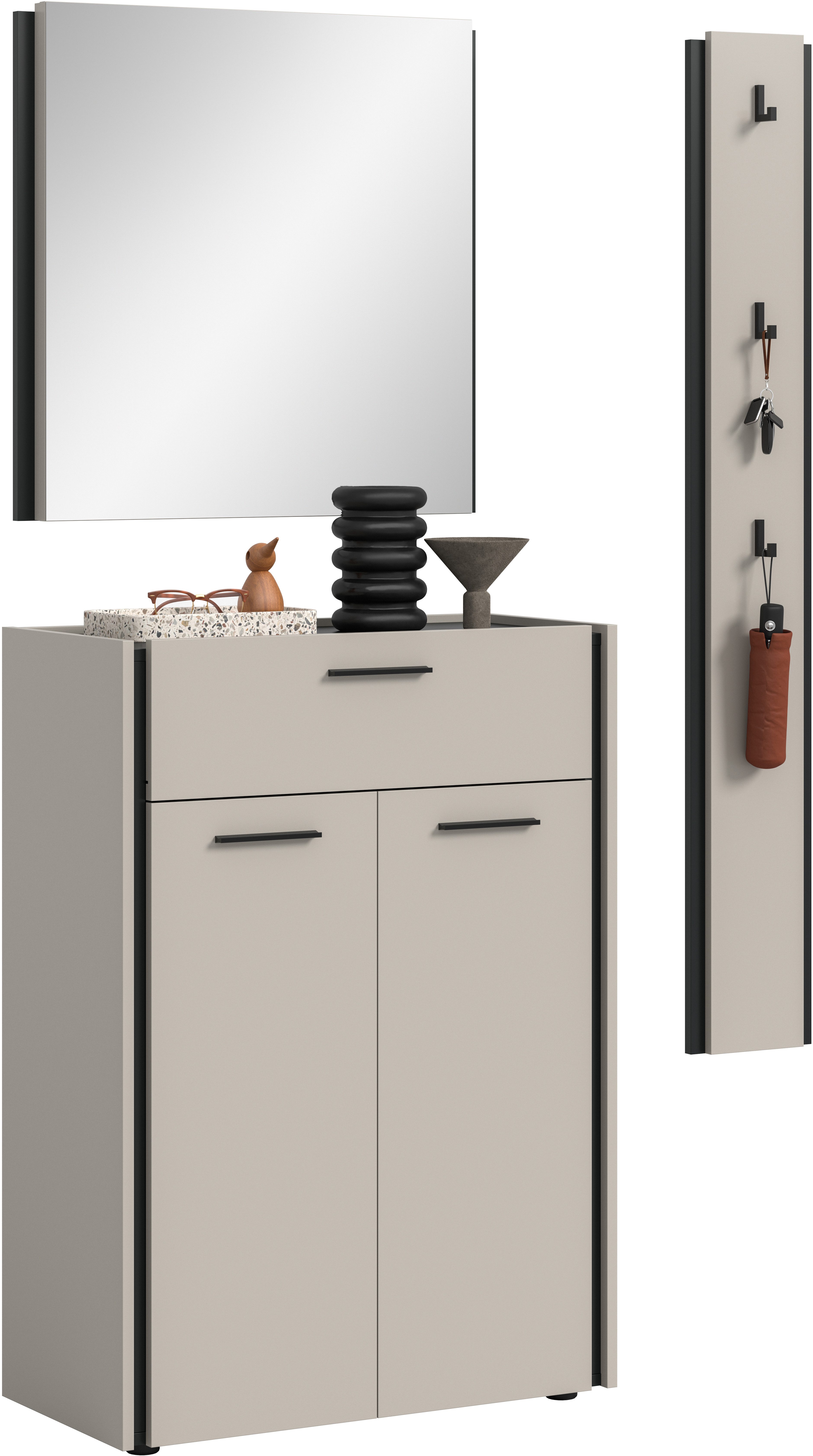 Home affaire Garderoben-Set RAK, 3-teilige Garderoben-Kombination, Breite ca. 142 cm, (3-St., Schuhkommode, Spiegel, Hakenpaneel), Garderobenkombination, Kombination, Set, Flurgarderobe, Diele