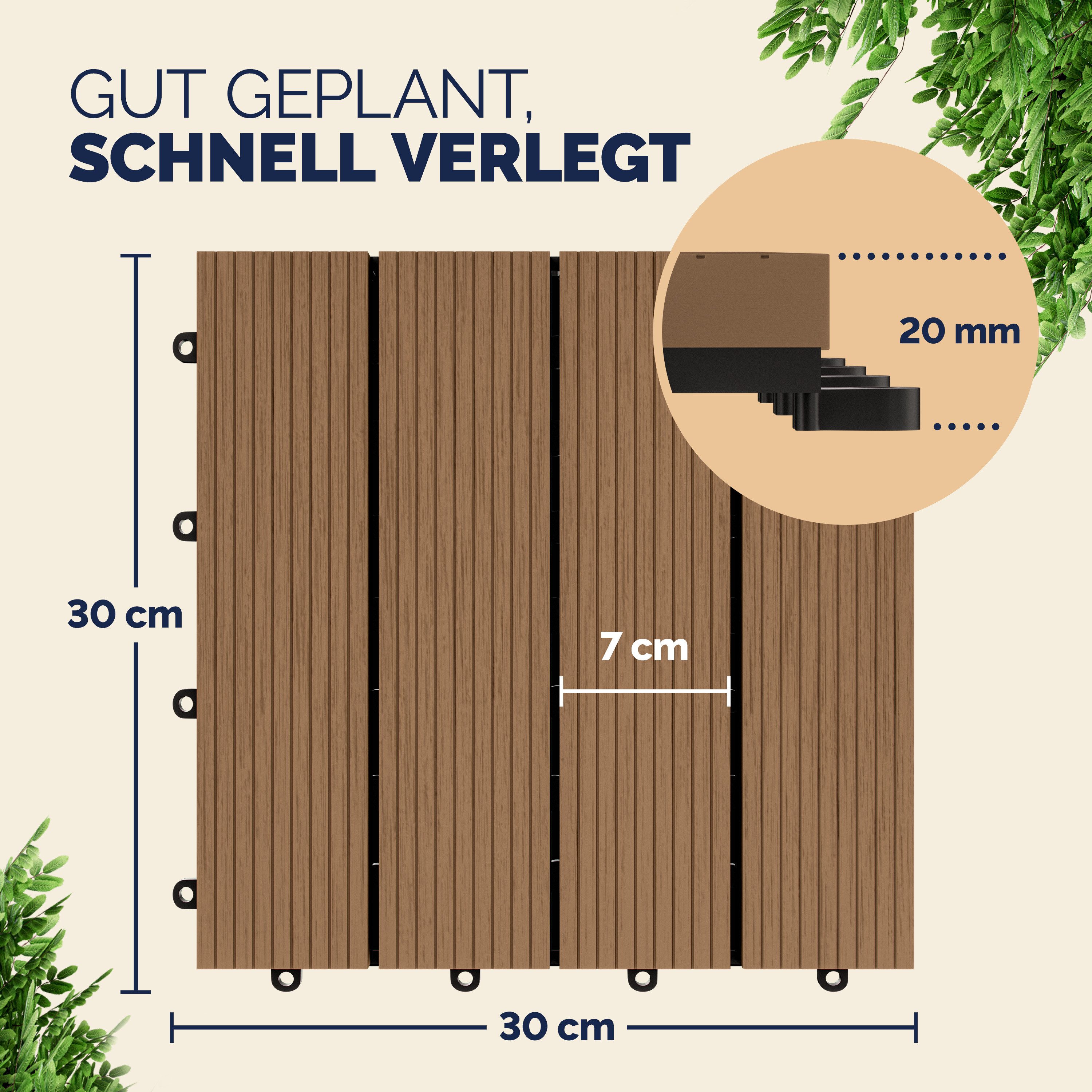 Casaria Holzfliesen 22x Klassik Terracotta, Terrassenfliesen 1-6m² WPC Fliesen Balkon Garten Verschiedene Farben