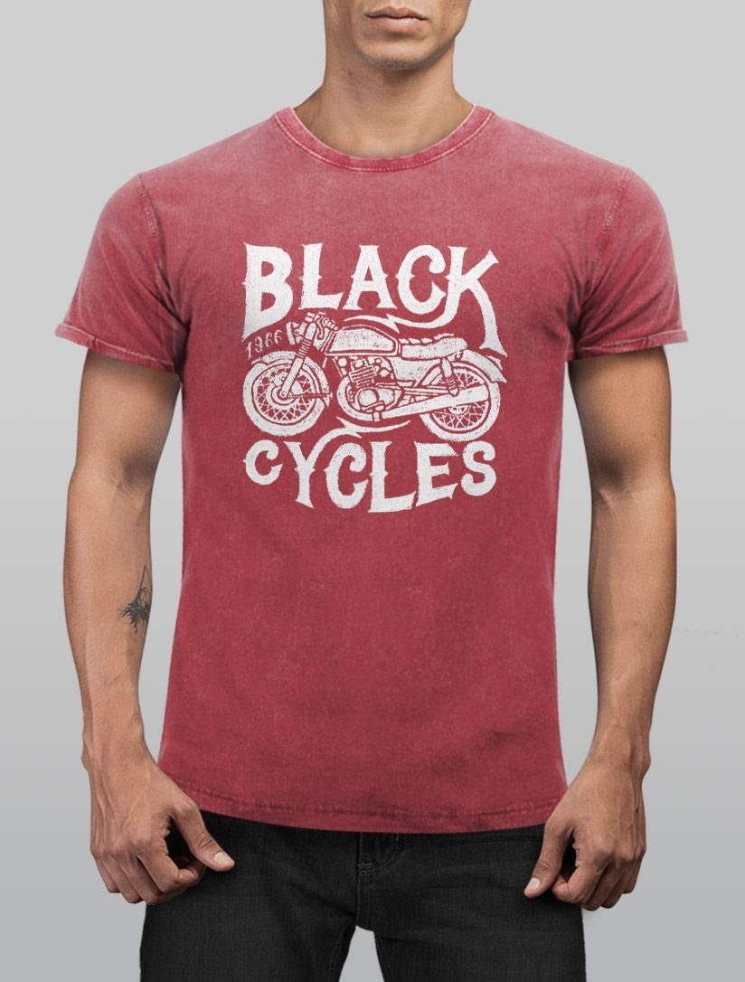 Retro Neverless rot T-Shirt Neverless® mit Print-Shirt Print Biker Motorrad Slim Vintage Fit Herren Washed