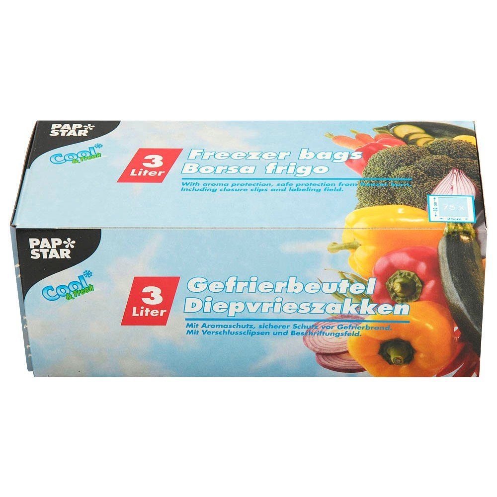 PAPSTAR Gefrierbeutel 75 3L transparent Verschlussclips mit LLDPE Gefrierbeutel 32x25cm