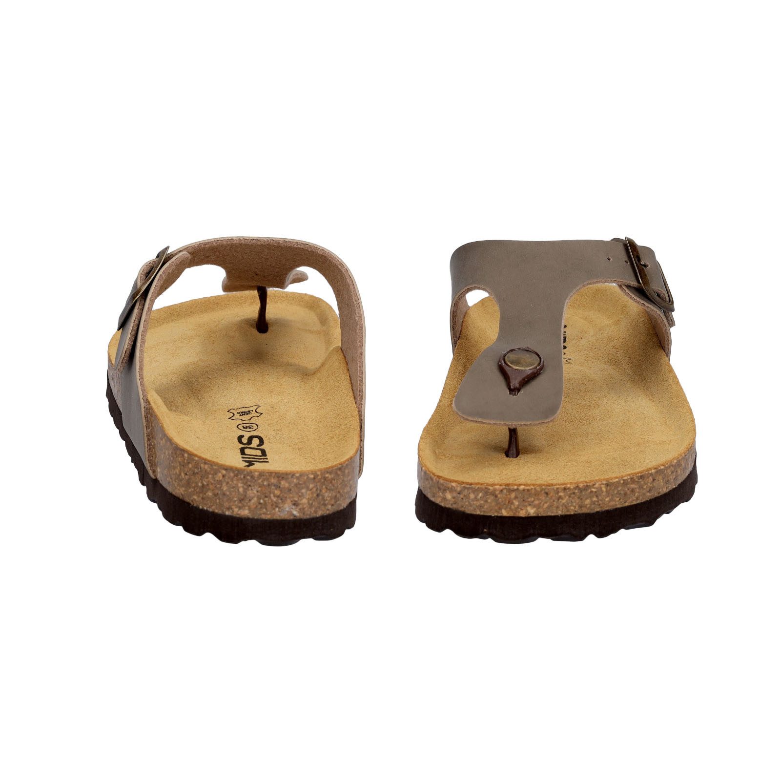 MIDS MIA Damen Pantolette taupe, Zehentrenner mit Lederfußbett, Schnalle und Korksohle