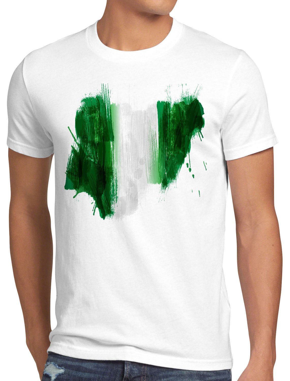 Print-Shirt weiß Flagge Nigeria Afrika EM Fahne style3 WM T-Shirt Sport Fußball Herren
