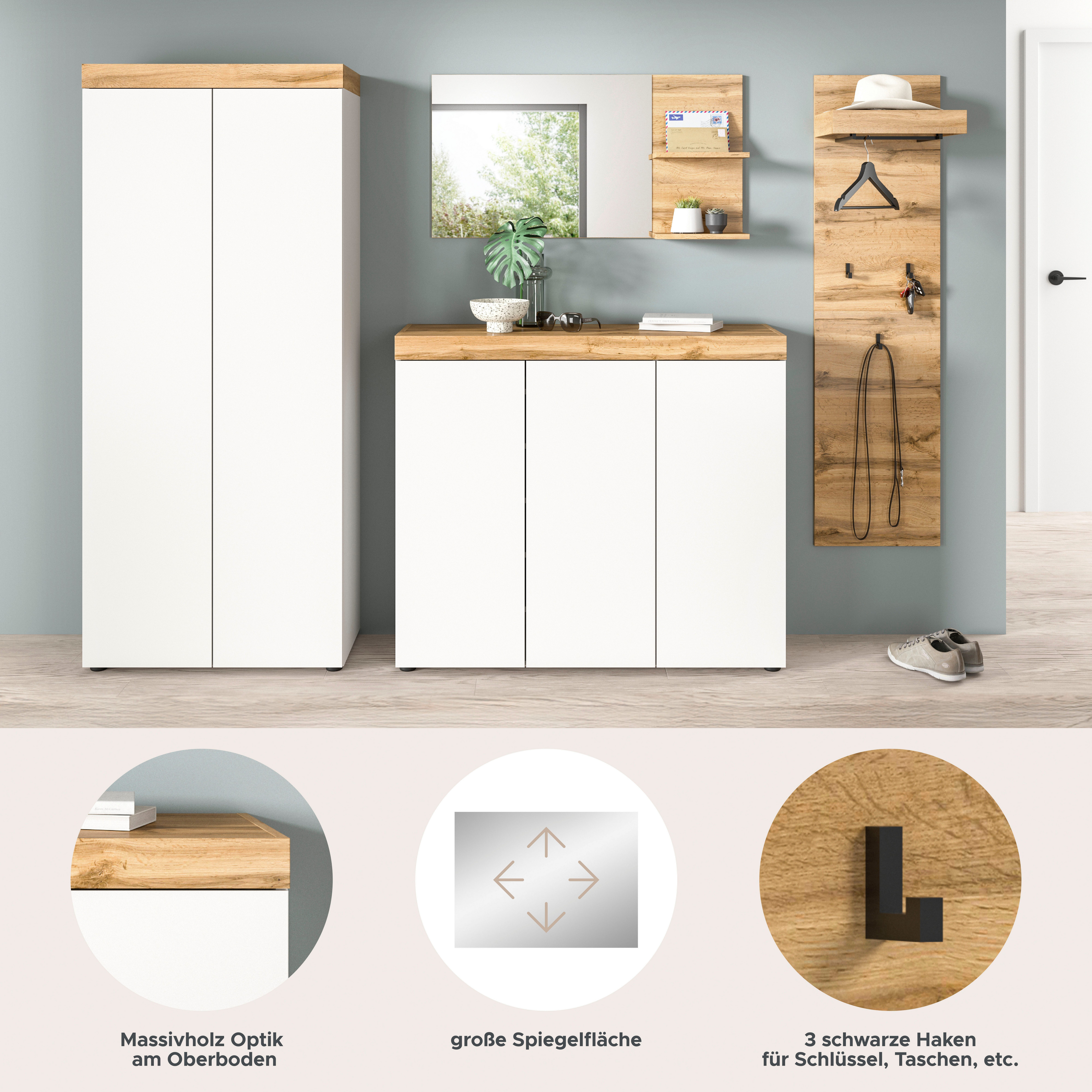 OTTO home Garderoben-Set MAMBO, TOPSELLER!, 4-teilige Kombination, stehend & hängend montierbar, (4-St., bestehend aus: Garderobenschrank, Kommode, Spiegel, Garderobenpaneel), Garderoben-Kombi, Garderobe, Flur, Diele
