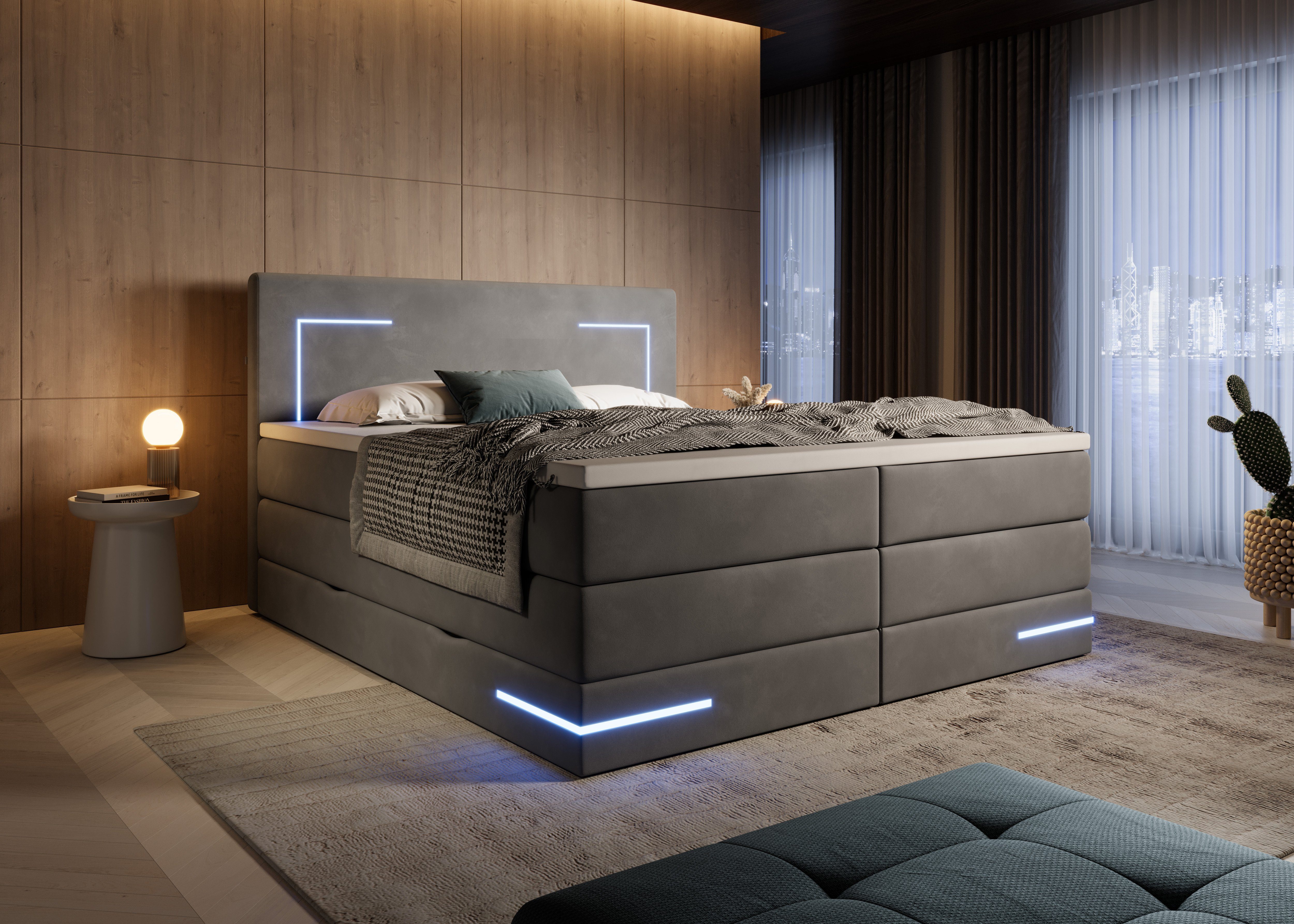 wonello Boxspringbett Detroit, mit LED Beleuchtung, Bettkasten und Topper Anthrazit