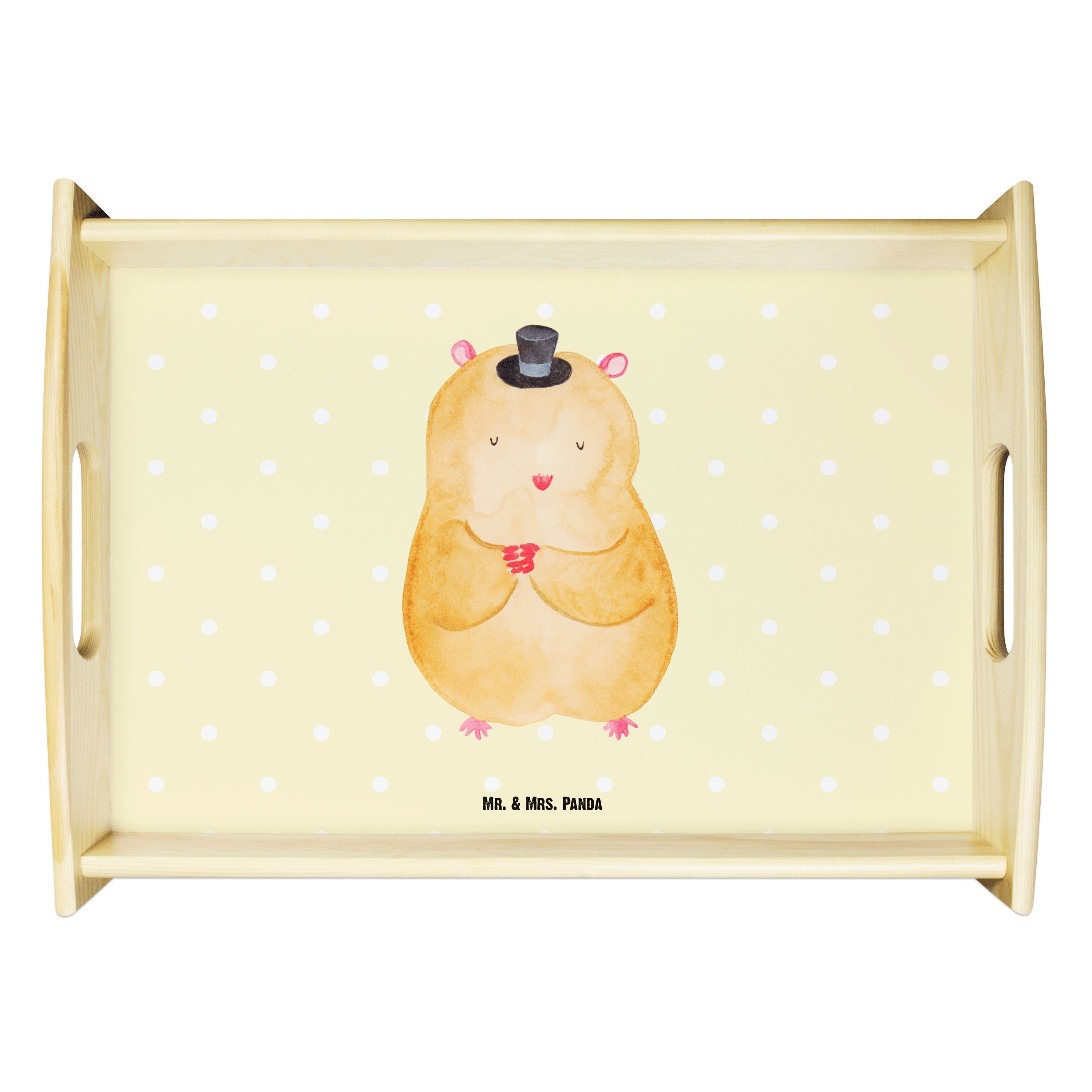 Mr. & Mrs. Panda Tablett Hamster mit Hut - Gelb Pastell - Geschenk, Frühstückstablett, Gute La, Echtholz lasiert, (1-tlg) | Tabletts