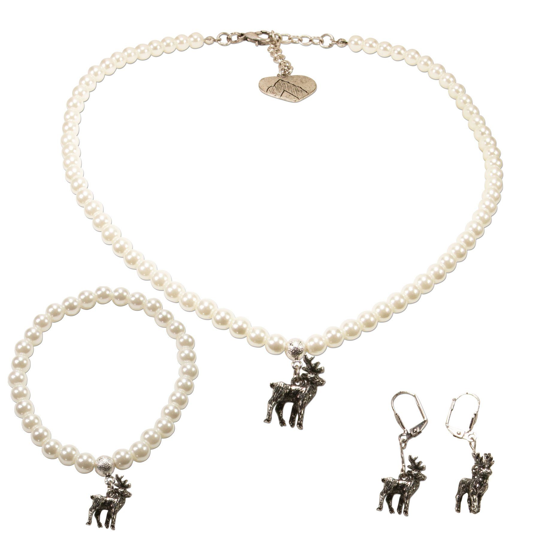 Alpenflüstern Ketten-Set Trachtenschmuck-Set Perlen-Trachtenkette, Trachten-Armband und Trachten-Ohrhänger Hirsch (creme-weiß), - Damen-Trachten-Schmuck, Trachtenset Kette, Armkette und Ohrringe