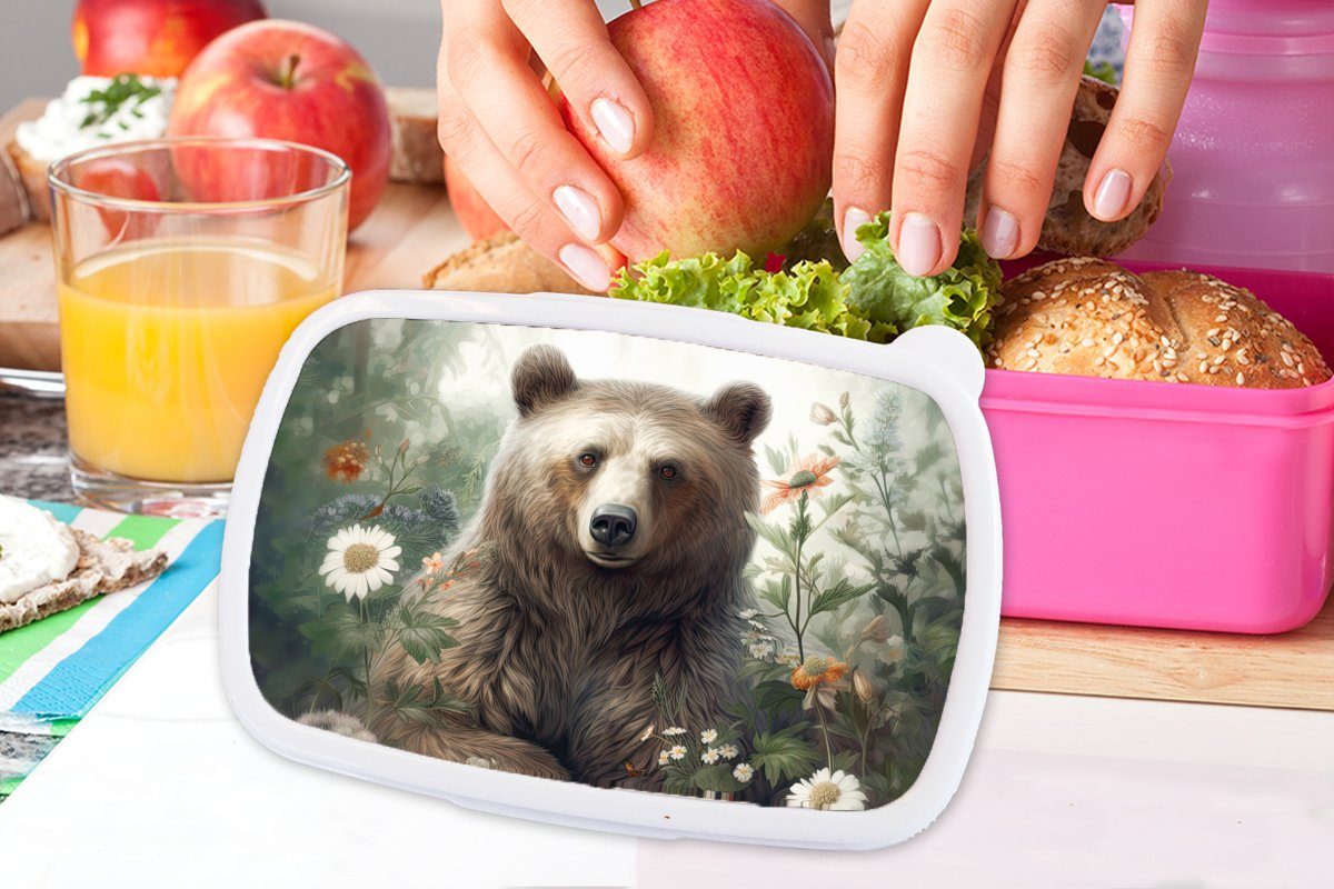 Wildtiere - Kunststoff - (2-tlg), - Mädchen, Kunststoff, Brotdose MuchoWow Lunchbox rosa Snackbox, Brotbox Blumen Braunbär Pflanzen, für Erwachsene, Kinder,