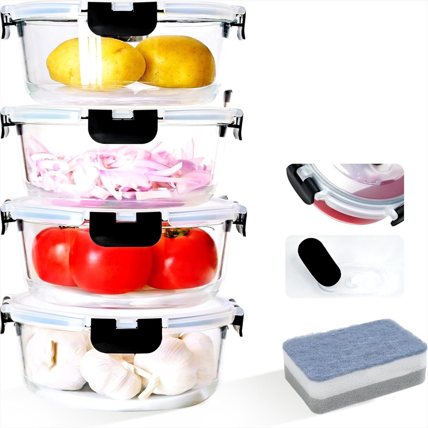 KingLux Frischhaltedose 4Stk.1300ml Frischhaltedosen Glas mit Deckel,Rund Meal Prep Boxen Glas, Borosilikatglas, (4-tlg)