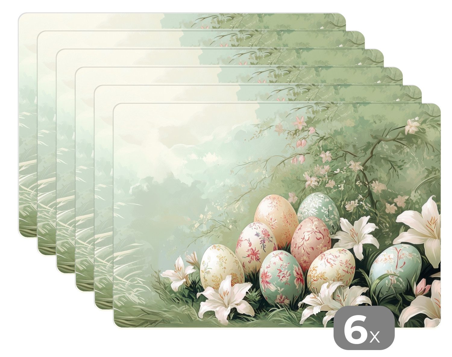 MuchoWow Platzset Ostereier - Pastelltöne - Blumen - Ostern Deko, (6-St), Platzsets, Tischset, Abwaschbar, Tischsets, Platzdeckchen