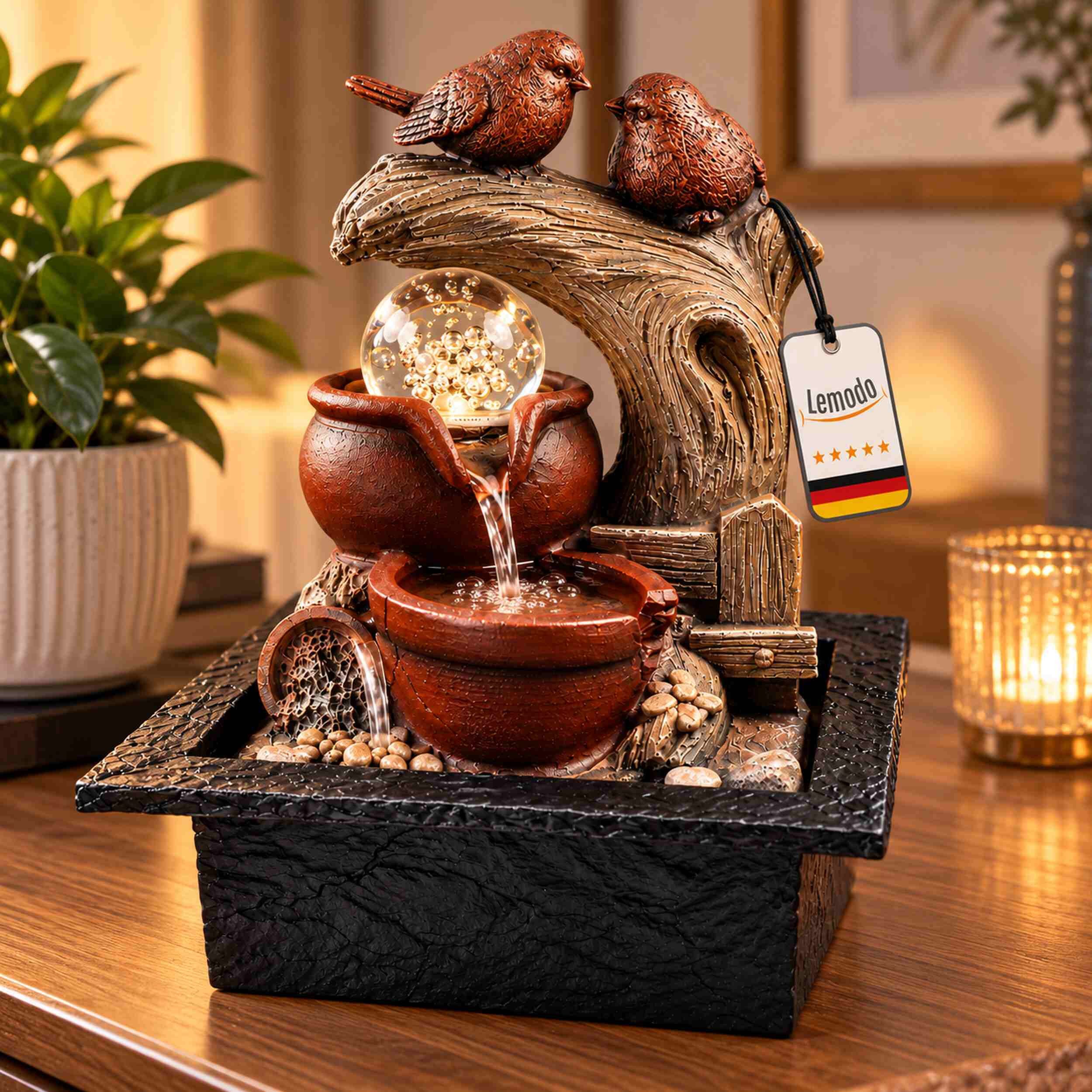 Lemodo Zimmerbrunnen mit LED, rotierender Glaskugel und Vogelmotiv, 28cm hoch, rotierende Glaskugel mit Farbwechsel
