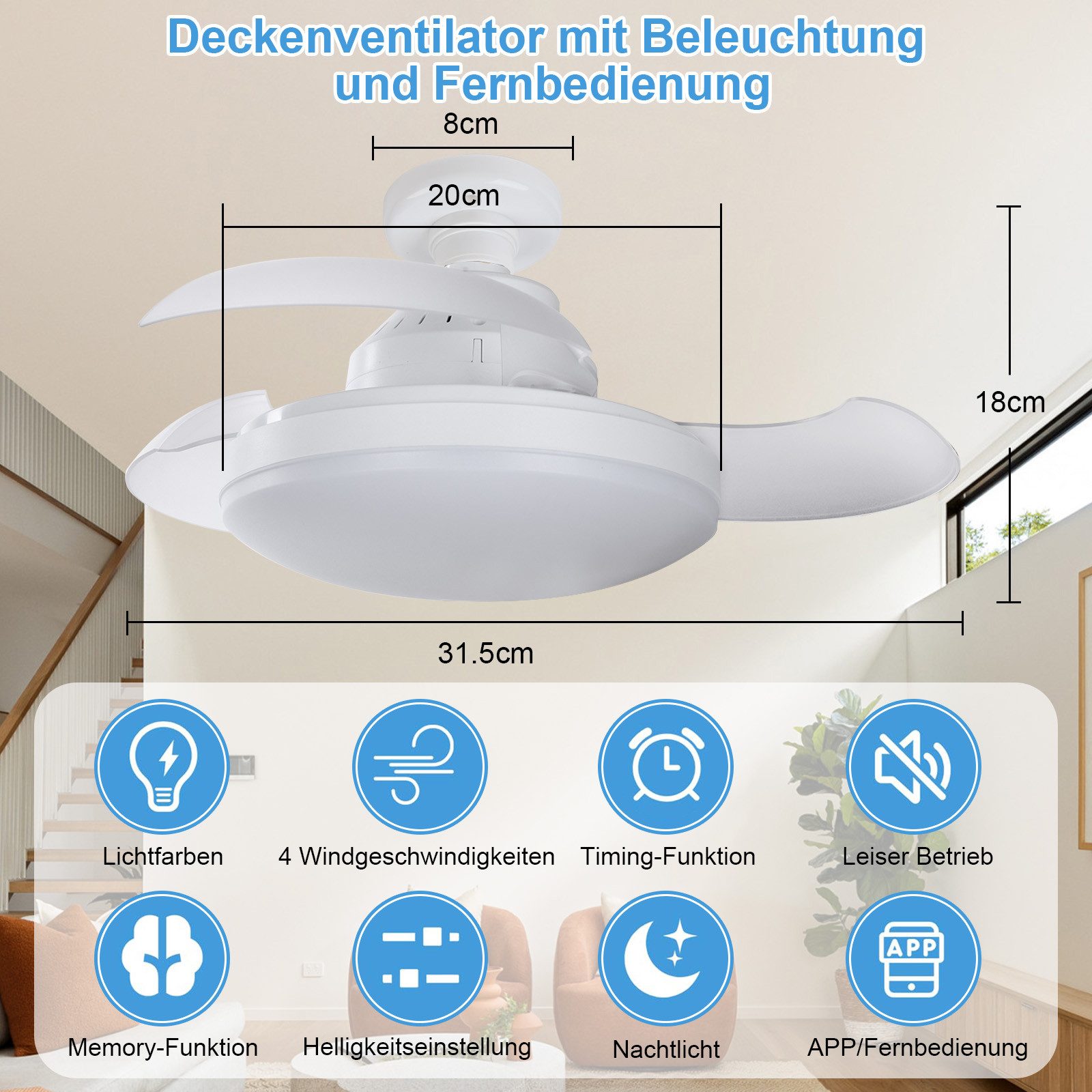 MUPOO Deckenventilator Smart Deckenventilator Glühbirne E27-Fassung günstig online kaufen