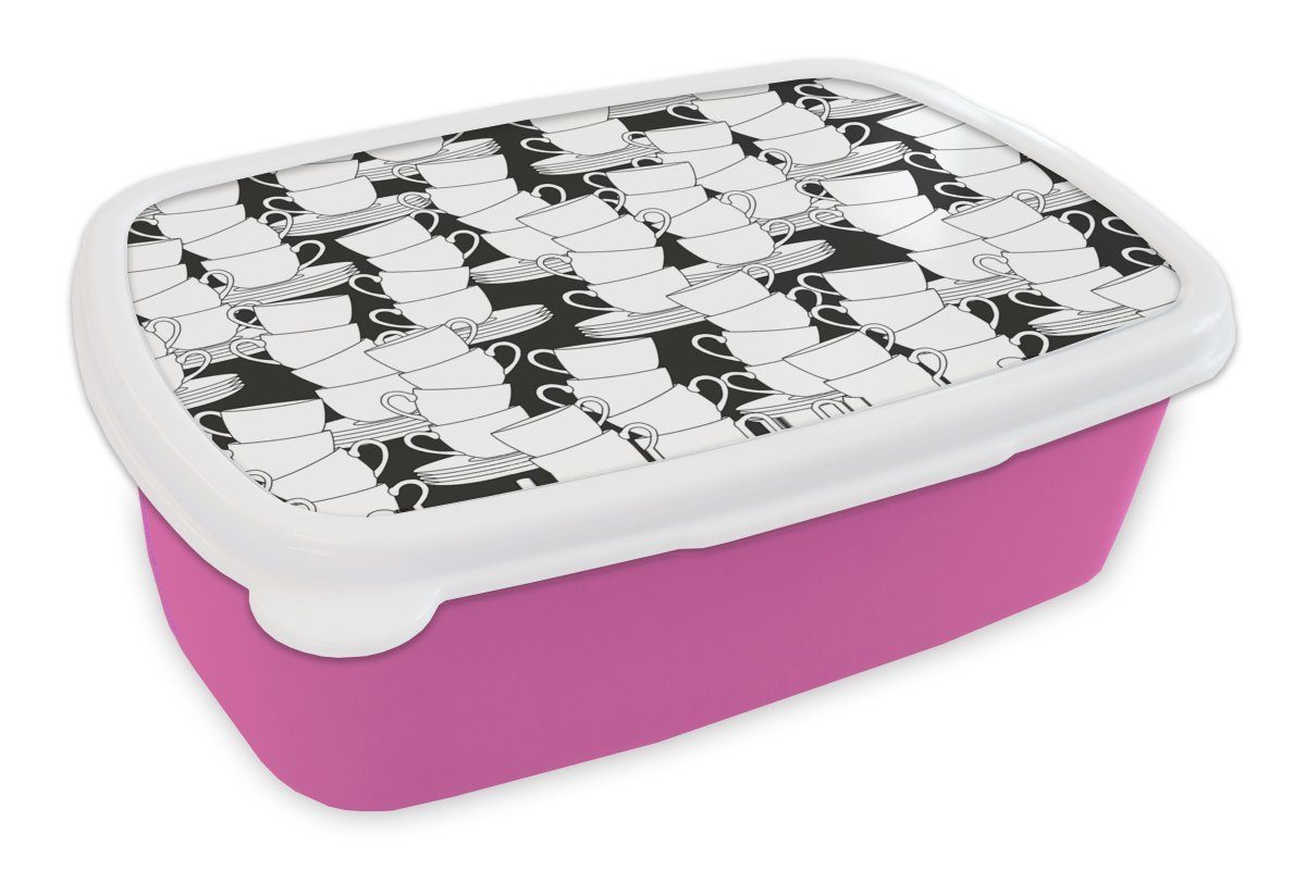 MuchoWow Lunchbox Muster - Schwarz und Weiß - Tassen - Tee, Kunststoff, (2-tlg), Brotbox für Erwachsene, Brotdose Kinder, Snackbox, Mädchen, Kunststoff rosa