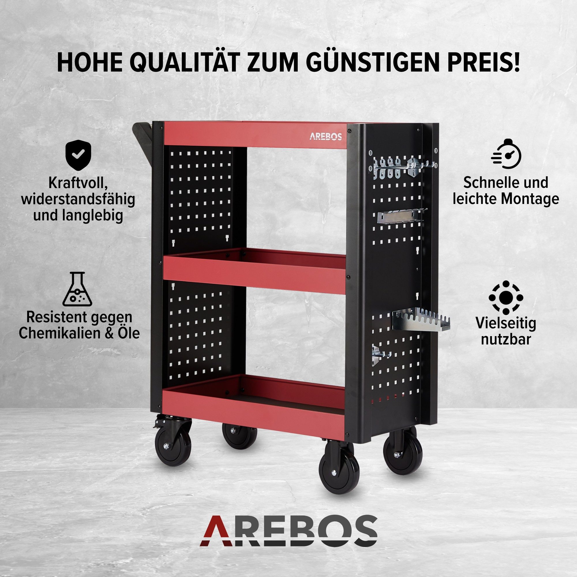 Arebos Werkstattwagen Servicewagen Multifunktionaler Etagenwagen, 3 Etagen, Rot-Schwarz, max. Traglast:120 kg