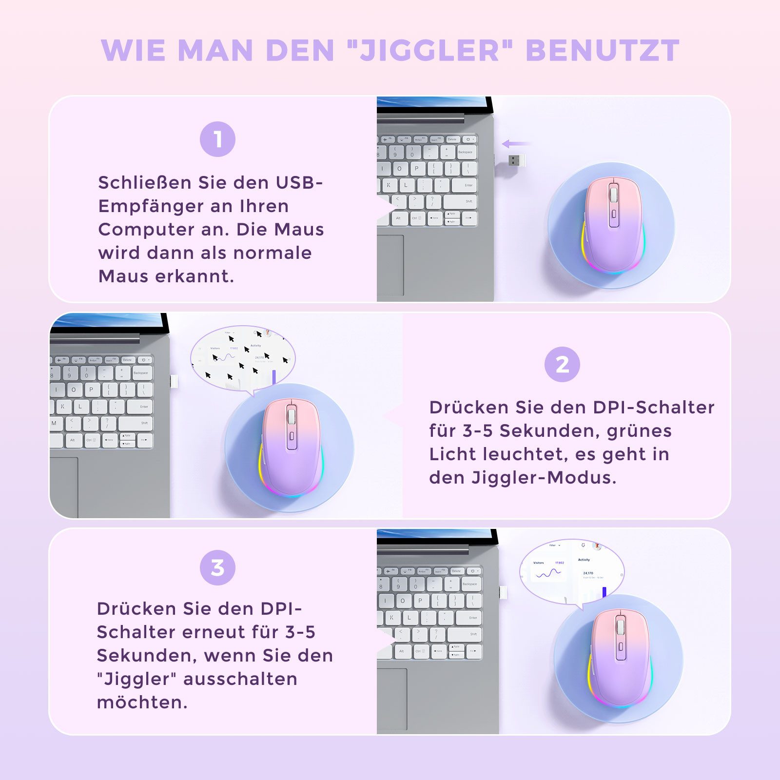 Seenda JY203 Kabellose Maus Wiederaufladbar mit Maus Jiggler Leise Beleuchtet Maus (Funk, 2000 dpi, 2.4Ghz Kabellos, aufladbar, Jiggler)