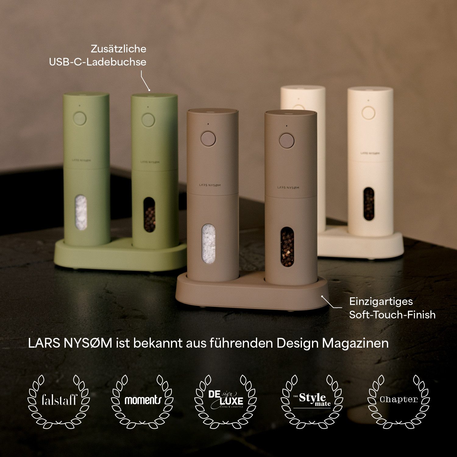 LARS NYSØM Gewürzmühle Spænding praktische Einhandbedienung per Drucktaste, (2 Stück), hochweritges Geschenkset mit elektrischen Gewürzmühlen – Bild 4 von 5