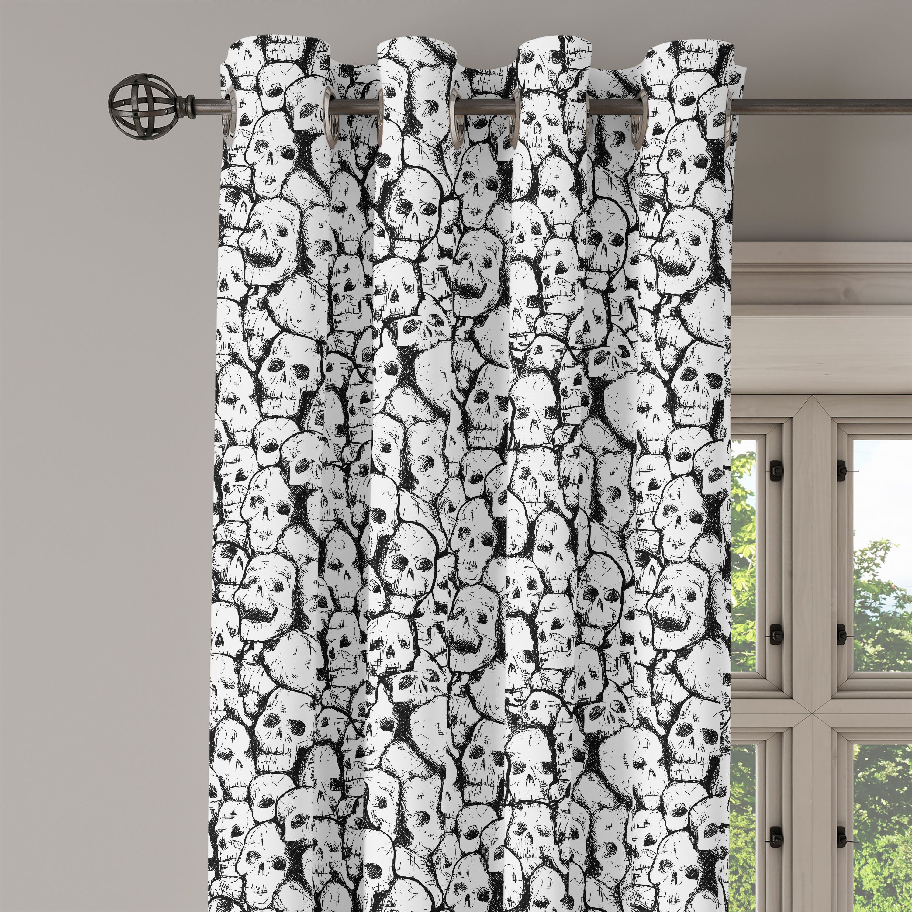 für Weiß Schlafzimmer Grungy Gardine 2-Panel-Fenstervorhänge Wohnzimmer, Schädel-Halloween Dekorative Abakuhaus,