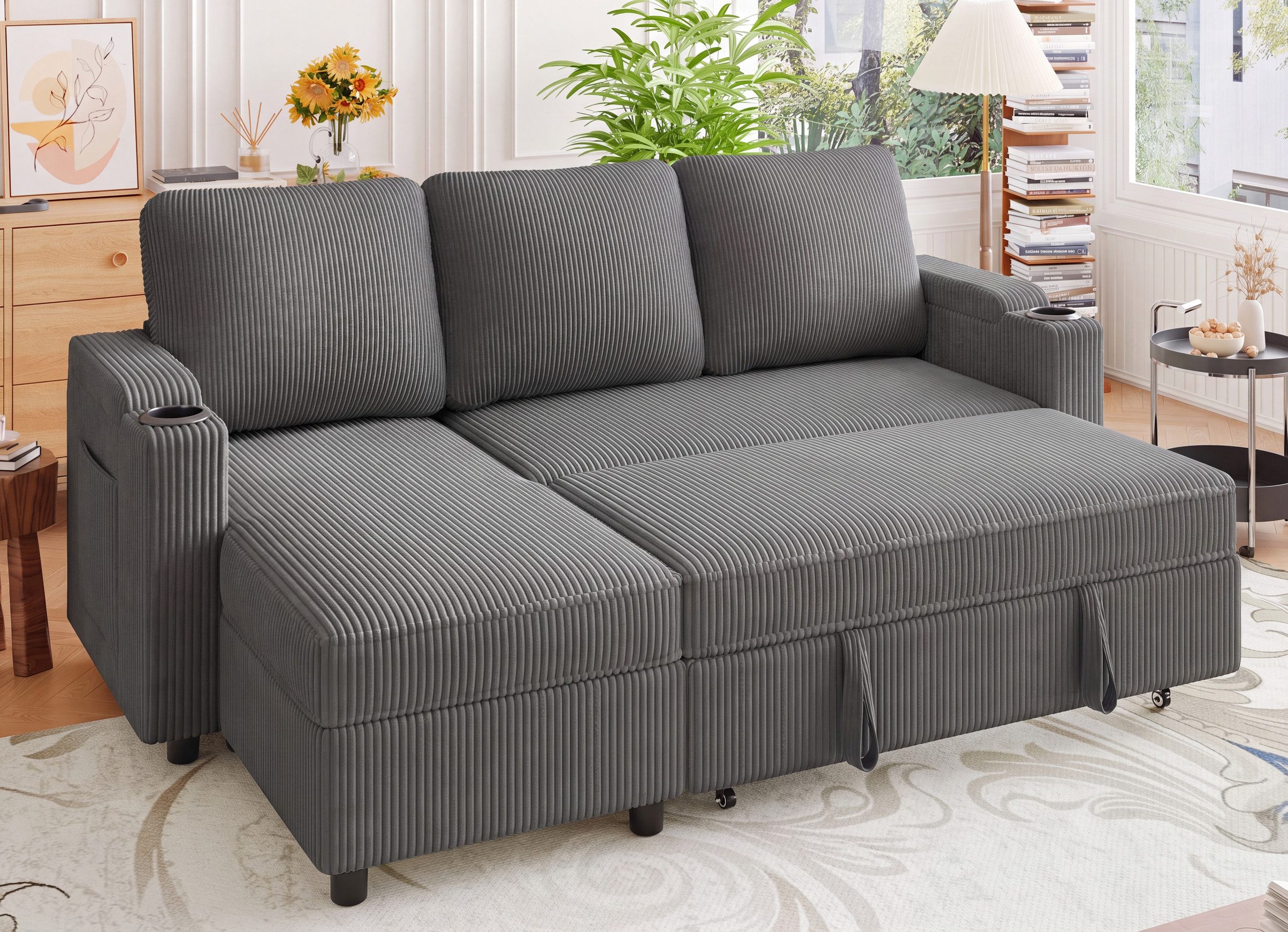 GUNJI Ecksofa Multifunktionales L-Form Schlafsofa, mit Stauraum, Gästebett-Funktion, wechselbarer Links-/Rechtsposition, Tassenhaltern & Seitentasche