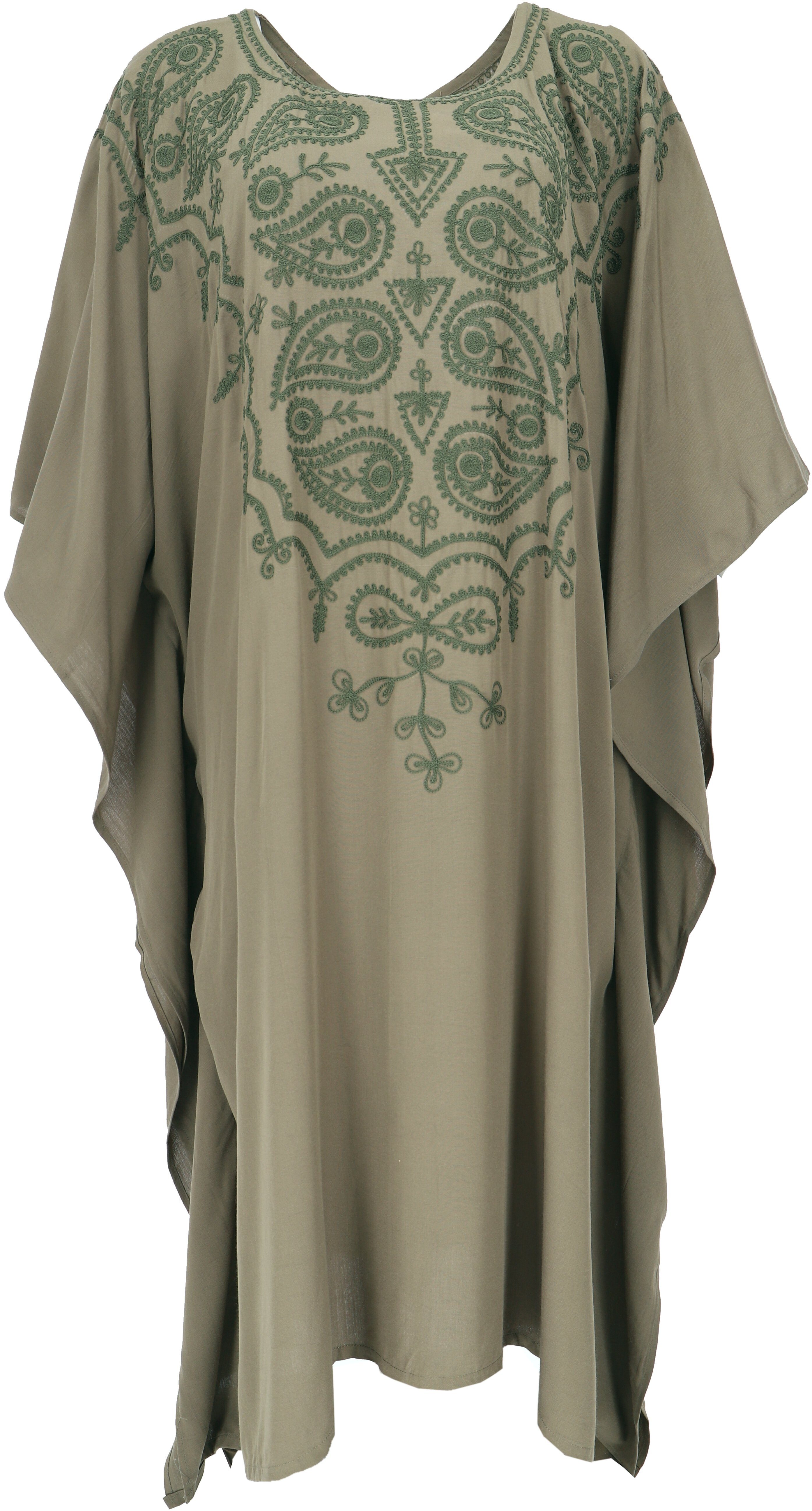 Guru-Shop Midikleid bestickter Kaftan, besticktes.. Boho Bekleidung olivgrün Mittellanger alternative